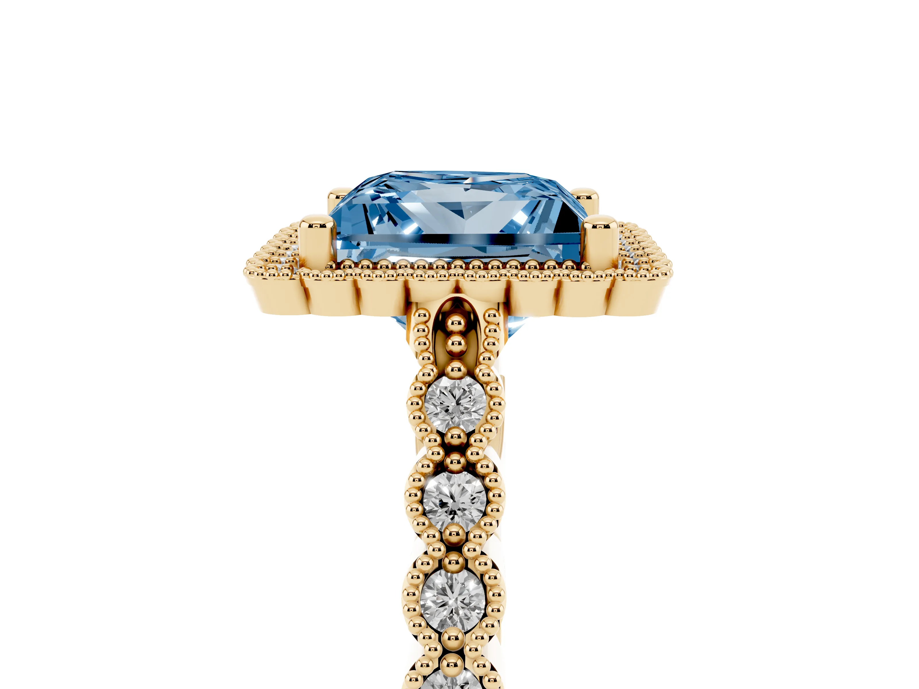 Fancy Blue Princess Cut Diamond Halo Ring Set in Yellow gold with Pavé Milgrain Band