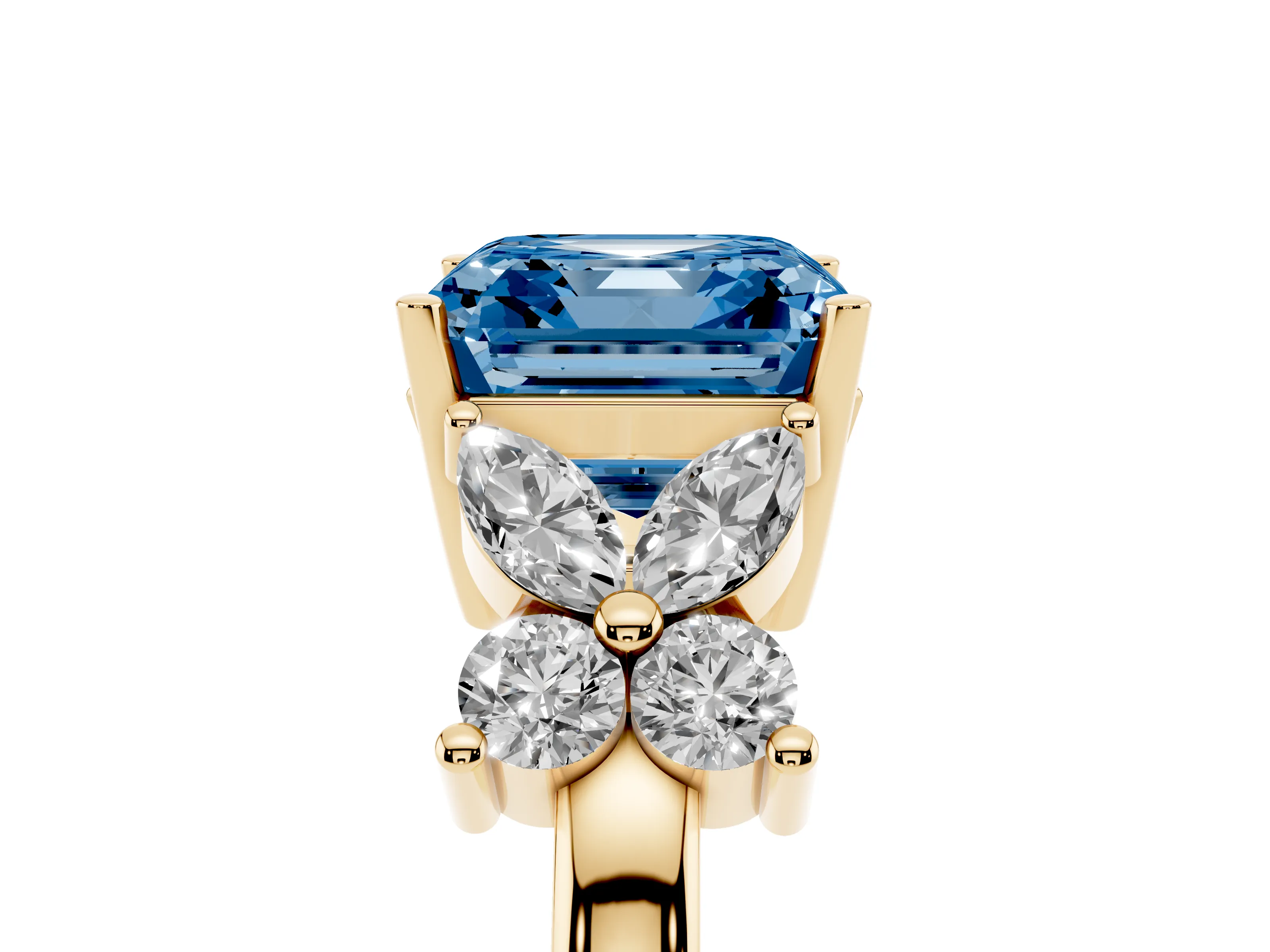 Fancy Blue Princess Cut Diamond Floral Cluster Ring Set in Yellow gold with Marquise Petals and Prong Setting