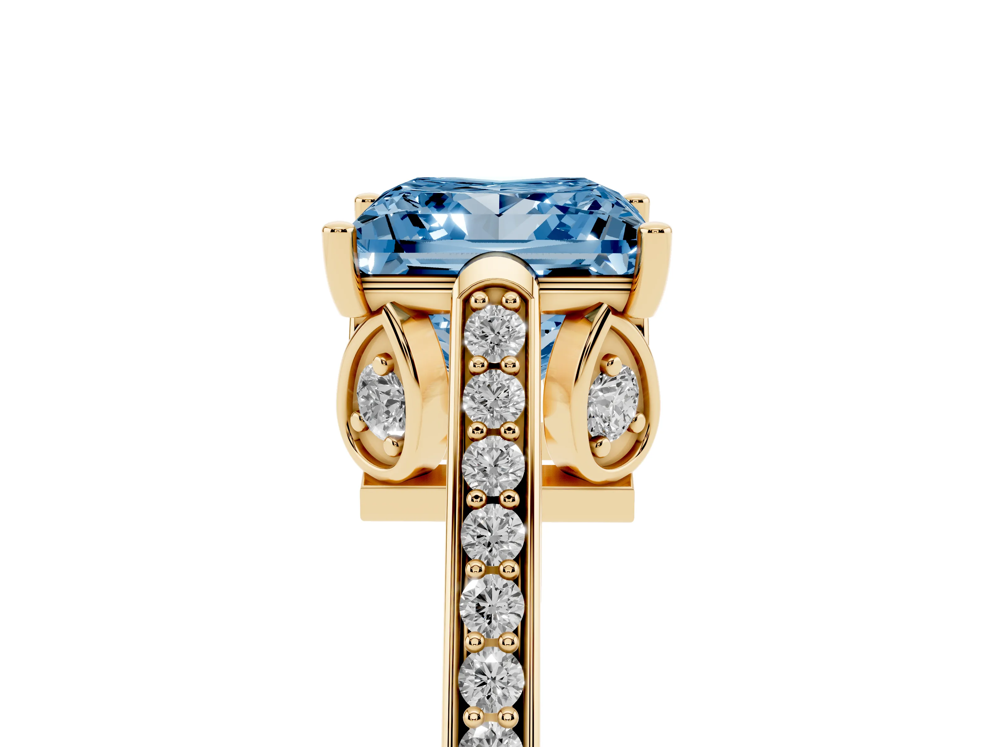 Fancy Blue Princess Cut Diamond Cathedral Pavé Engagement Ring Set in Yellow gold with Prong Setting