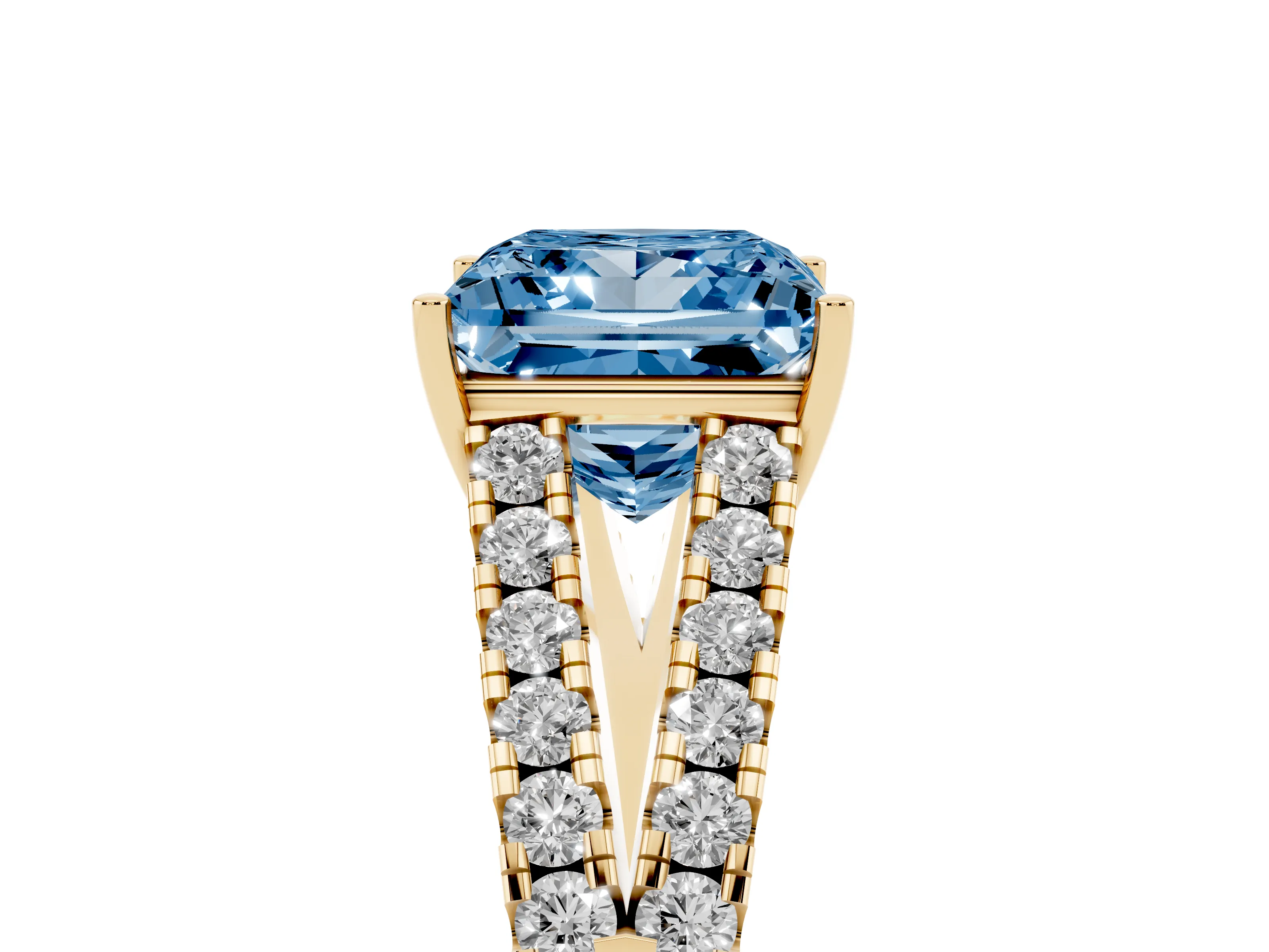 Fancy Blue Princess Cut Diamond Split Shank Pavé Engagement Ring Set in Yellow gold with Prong-Held Center Stone