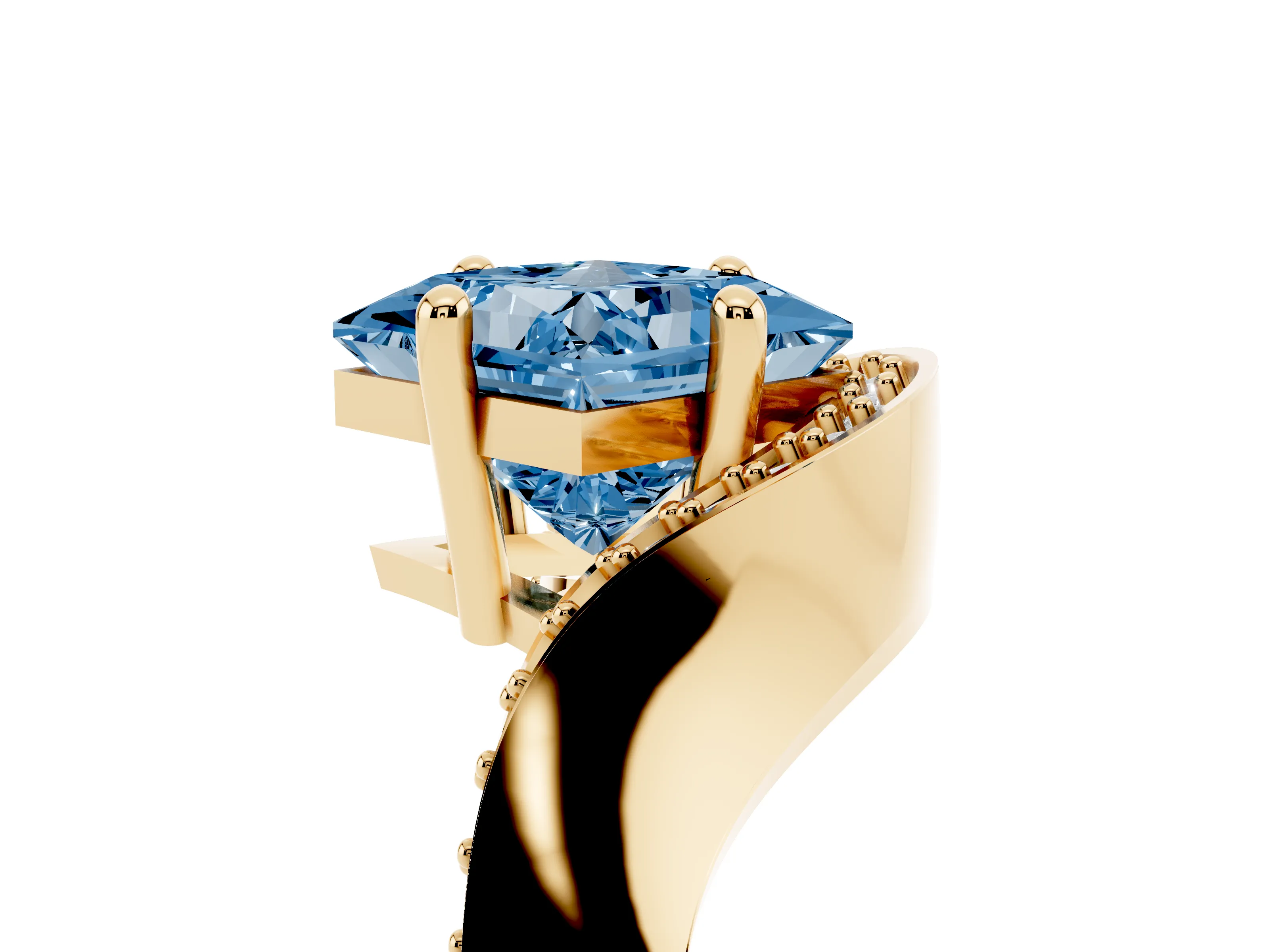 Fancy Blue Princess Cut Diamond Solitaire Engagement Ring Set in Yellow gold with Pavé Shoulders