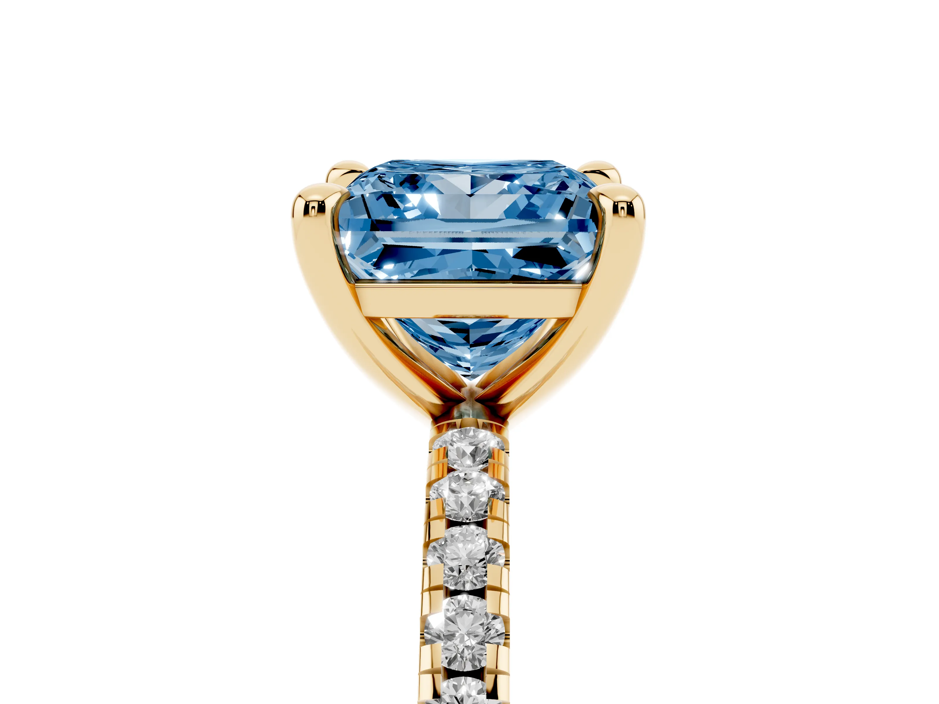 Fancy Blue Princess Cut Diamond Brilliant Solitaire Ring Set in Yellow gold with Pavé Band and Prong Setting