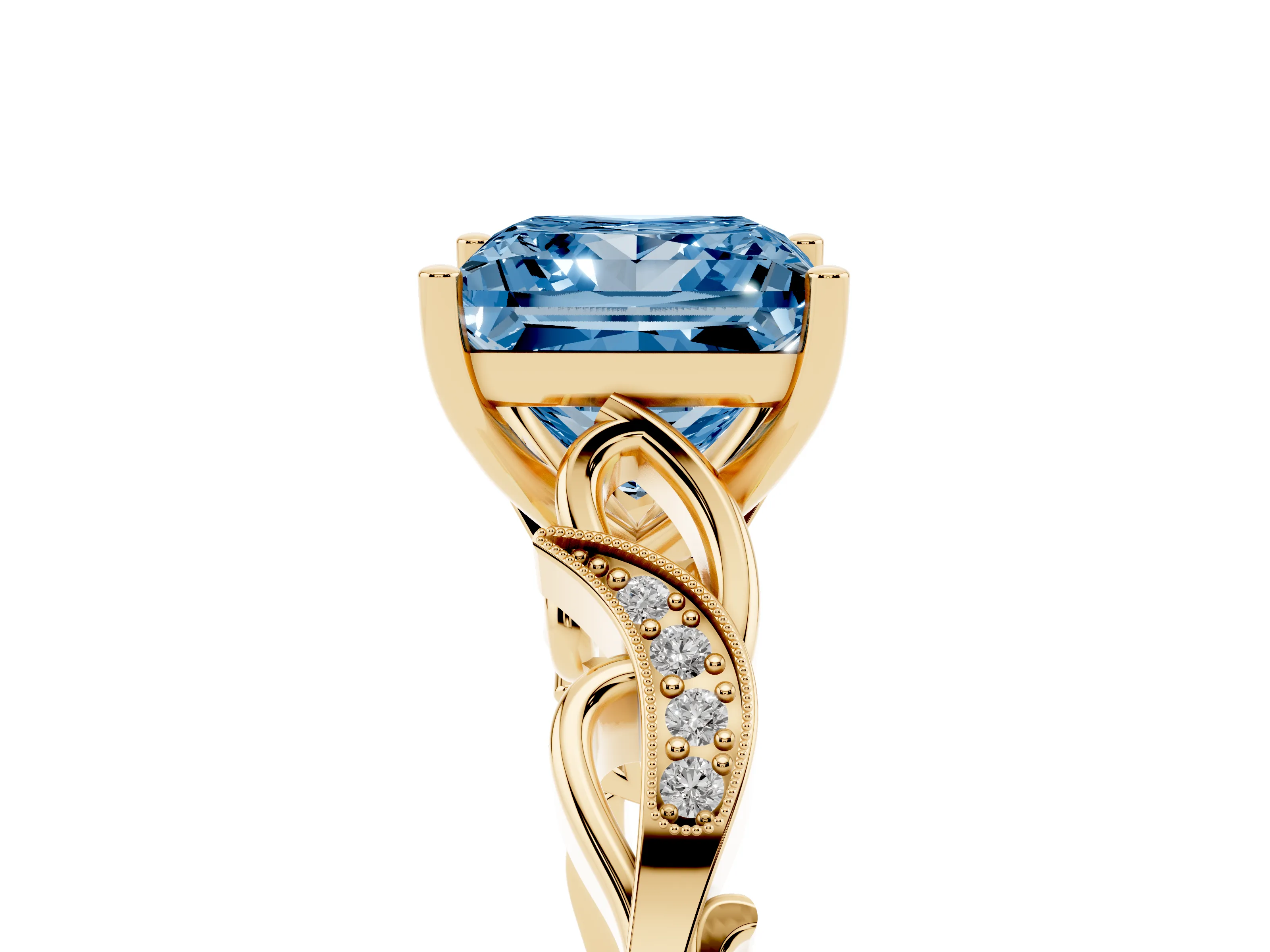 Fancy Blue Princess Cut Diamond Vine Band Solitaire Ring Set in Yellow gold with Milgrain Prong Setting