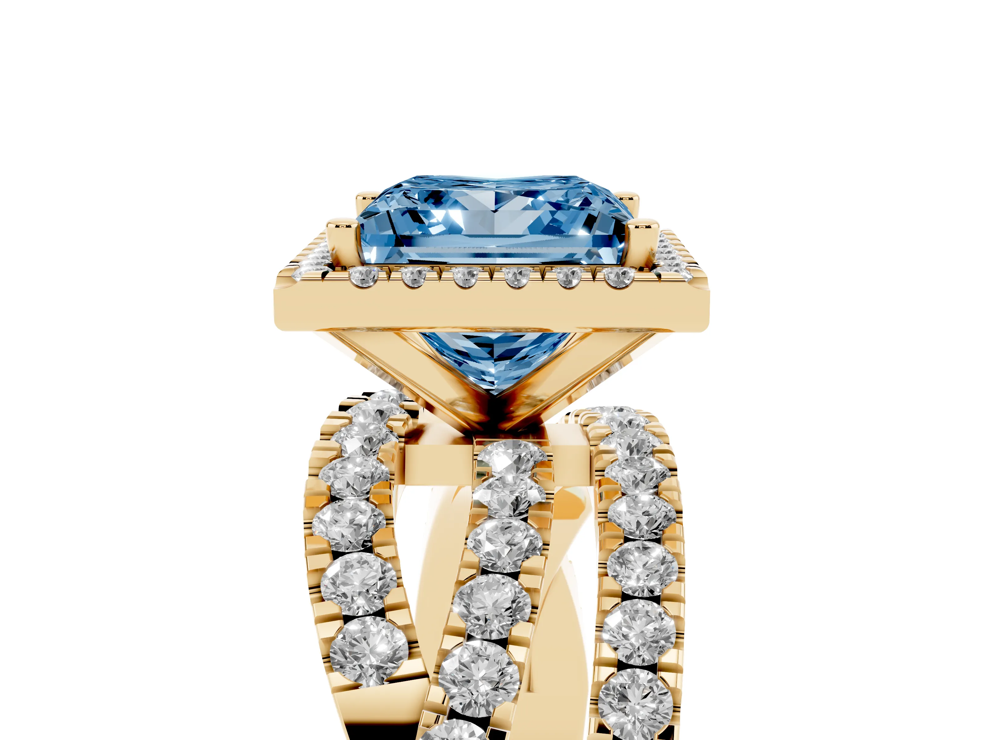 Fancy Blue Princess Cut Diamond Halo Ring Set in Yellow gold with Round Crossover Split Shank and Prong Setting