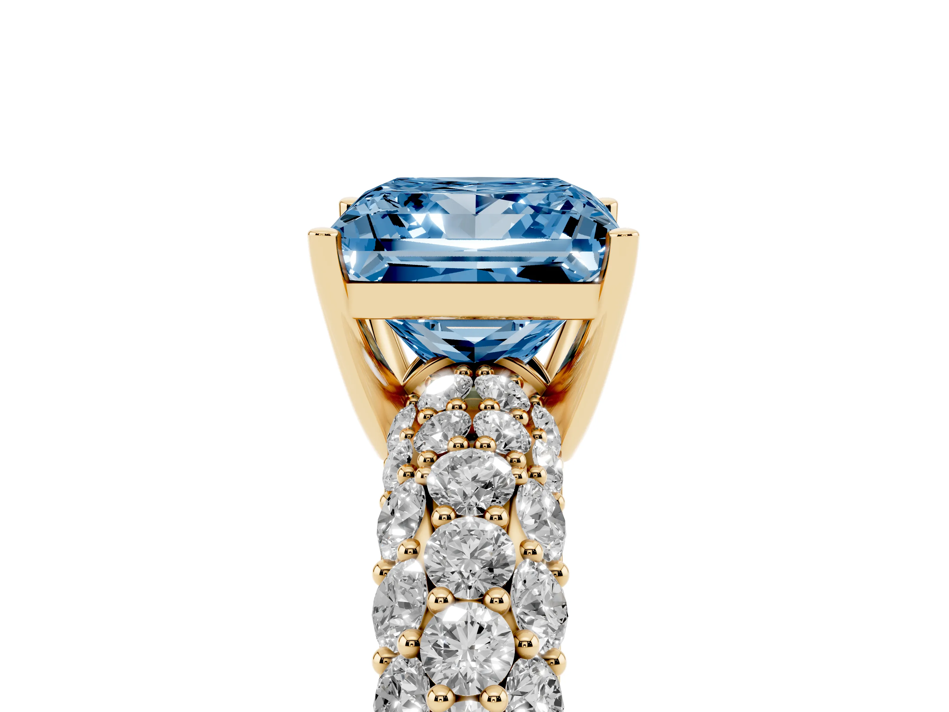 Fancy Blue Princess Cut Diamond Pavé Band Solitaire Ring Set in Yellow gold with Close-Set Accent Stones and Prong Setting