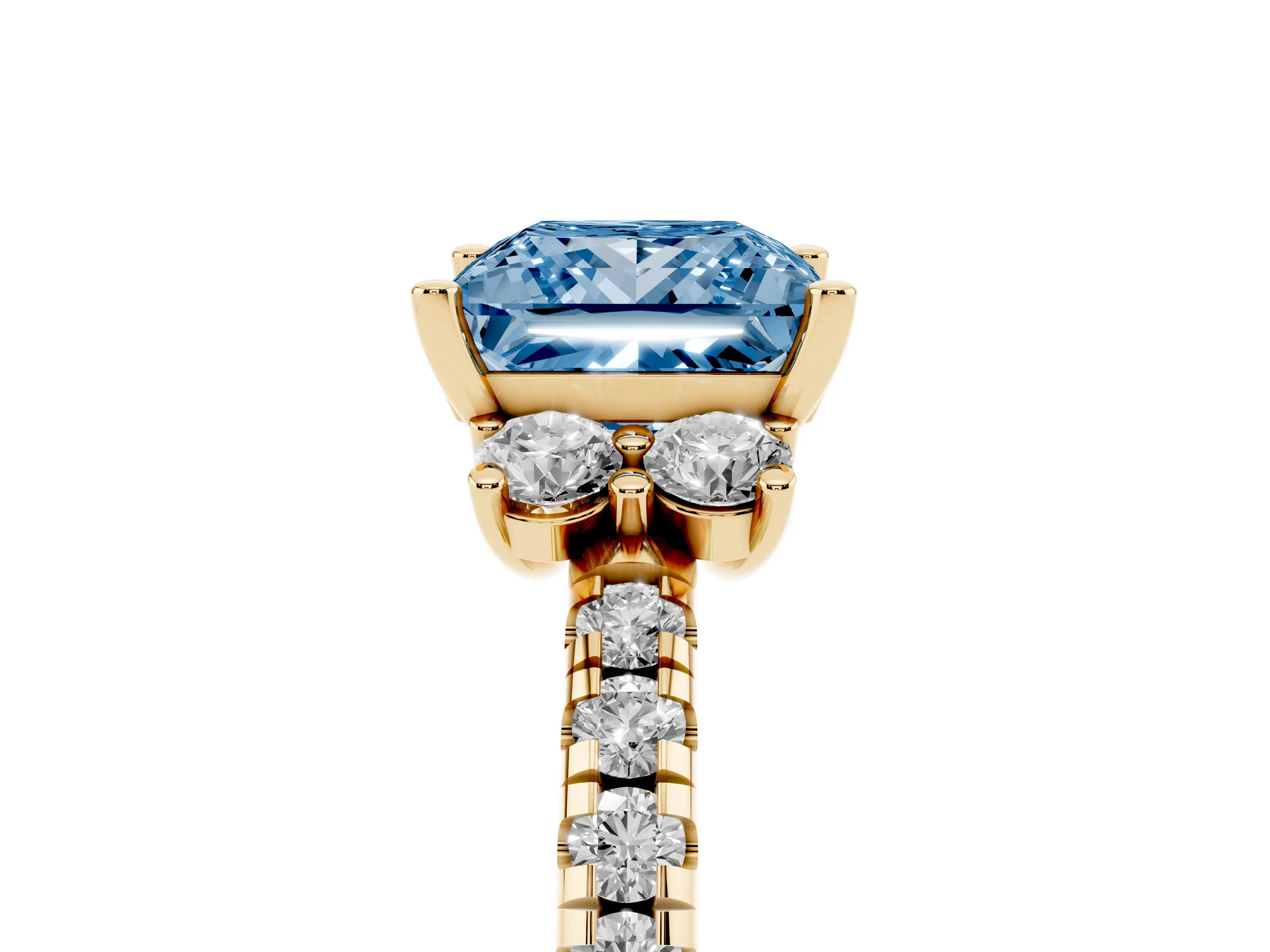 Fancy Blue Princess Cut Diamond Three-Stone Pavé Ring Set in Yellow gold with Prong Setting