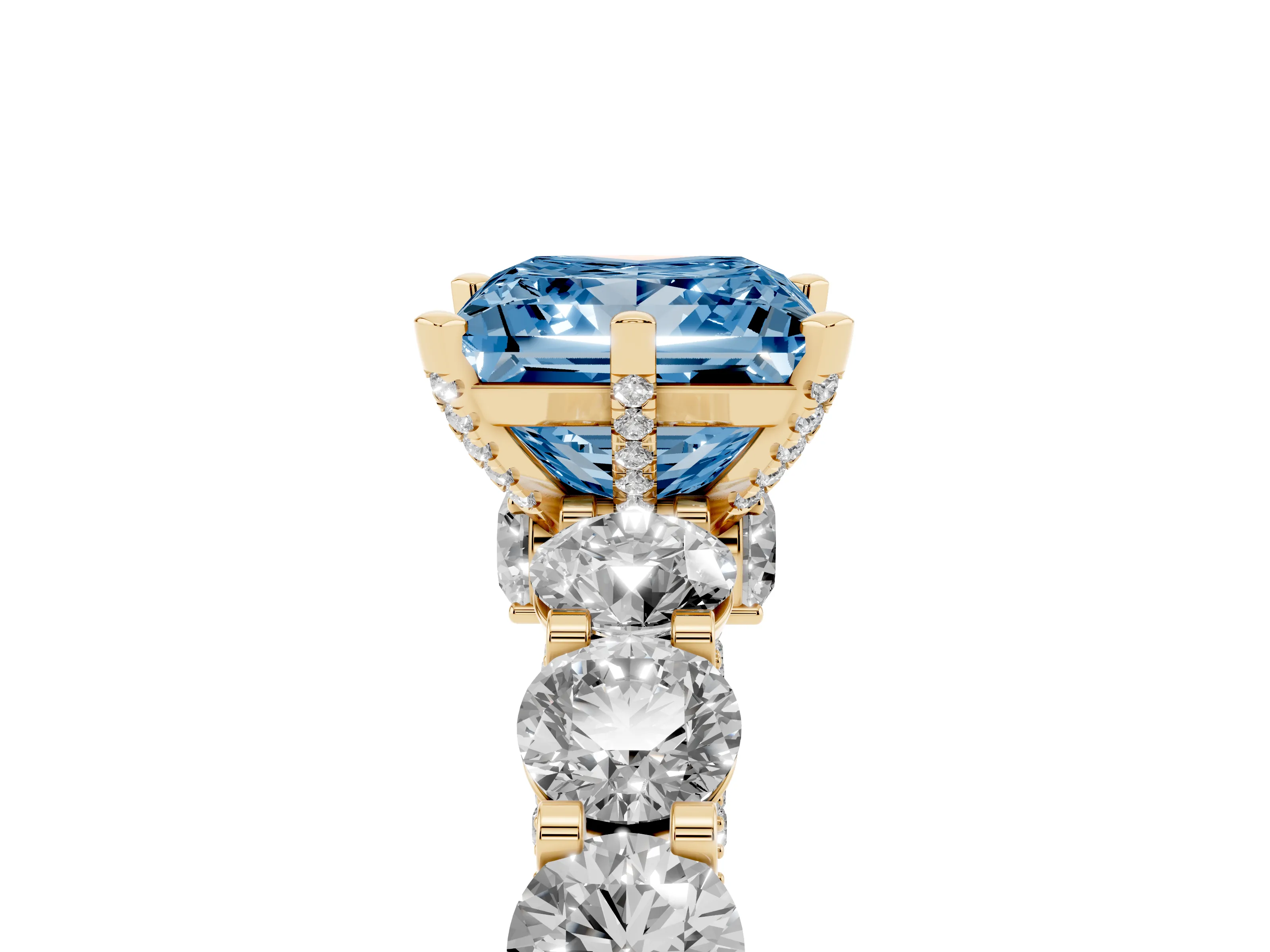 Fancy Blue Princess Cut Diamond Side Stone Ring Set in Yellow gold with Alternating Round and Oval Side Stones