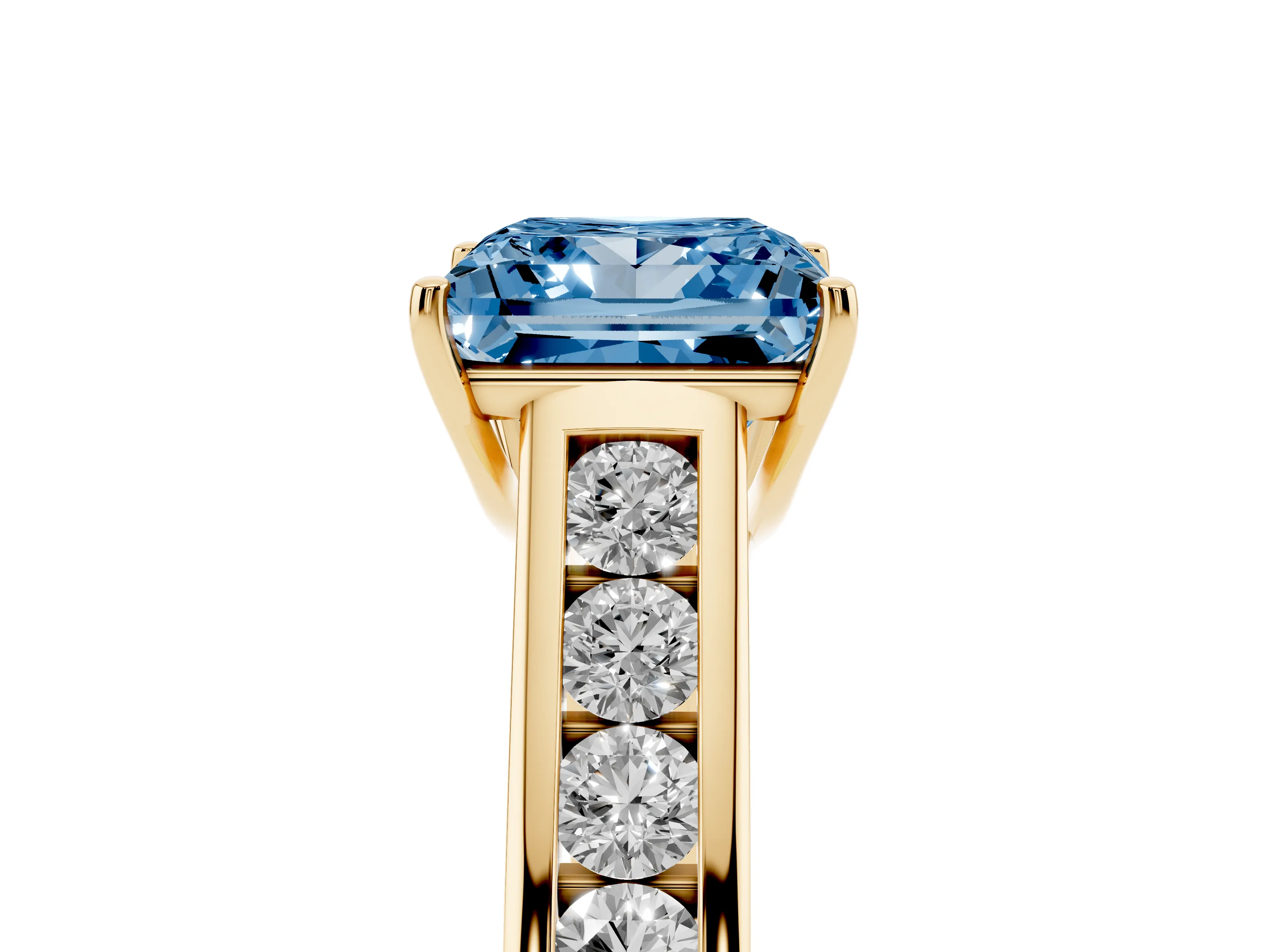 Fancy Blue Princess Cut Diamond Solitaire Channel-Set Engagement Ring Set in Yellow gold with Prong Setting