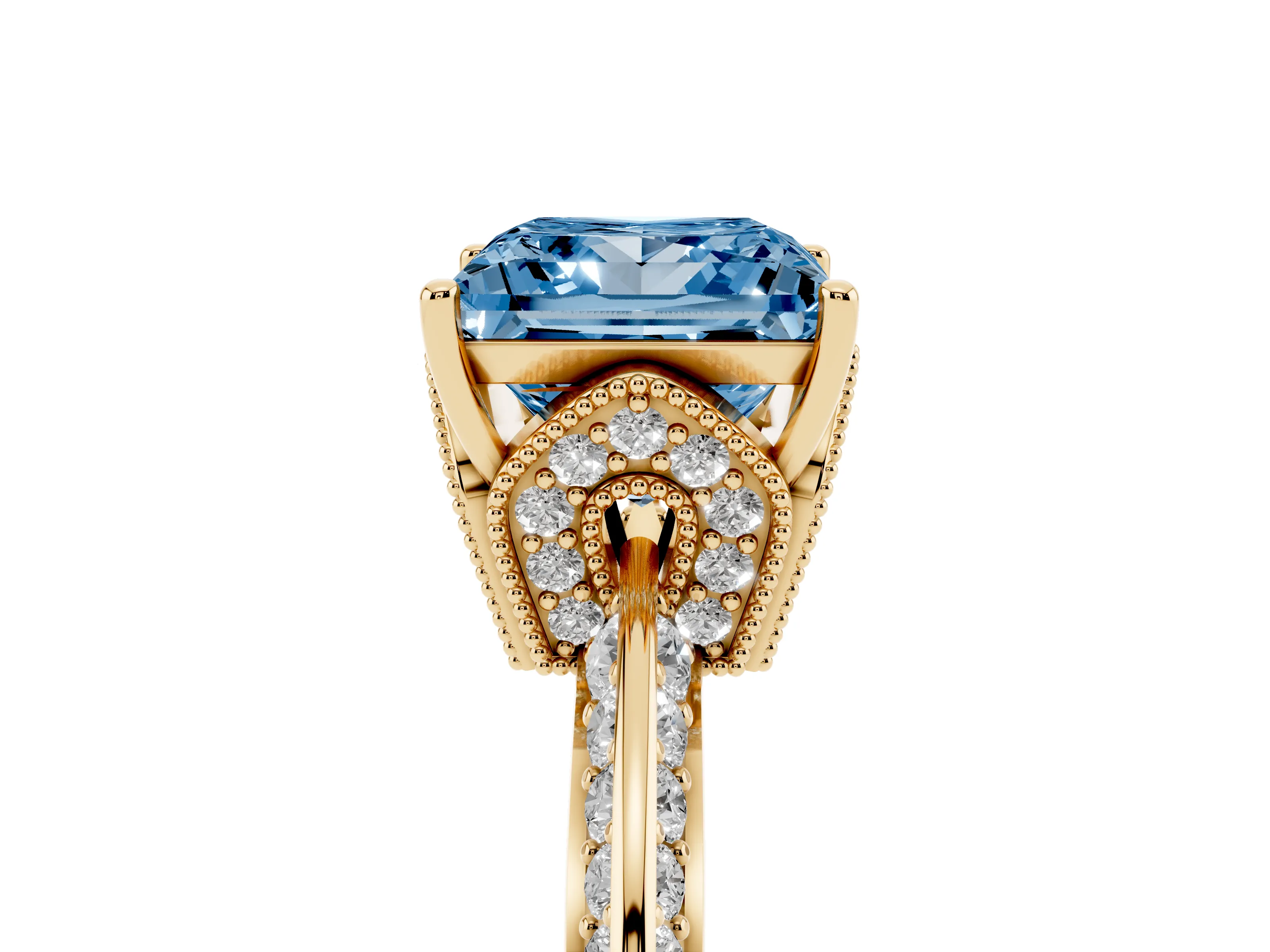 Fancy Blue Princess Cut Diamond Solitaire Engagement Ring Set in Yellow gold with Pavé Split Shank and Prong Setting