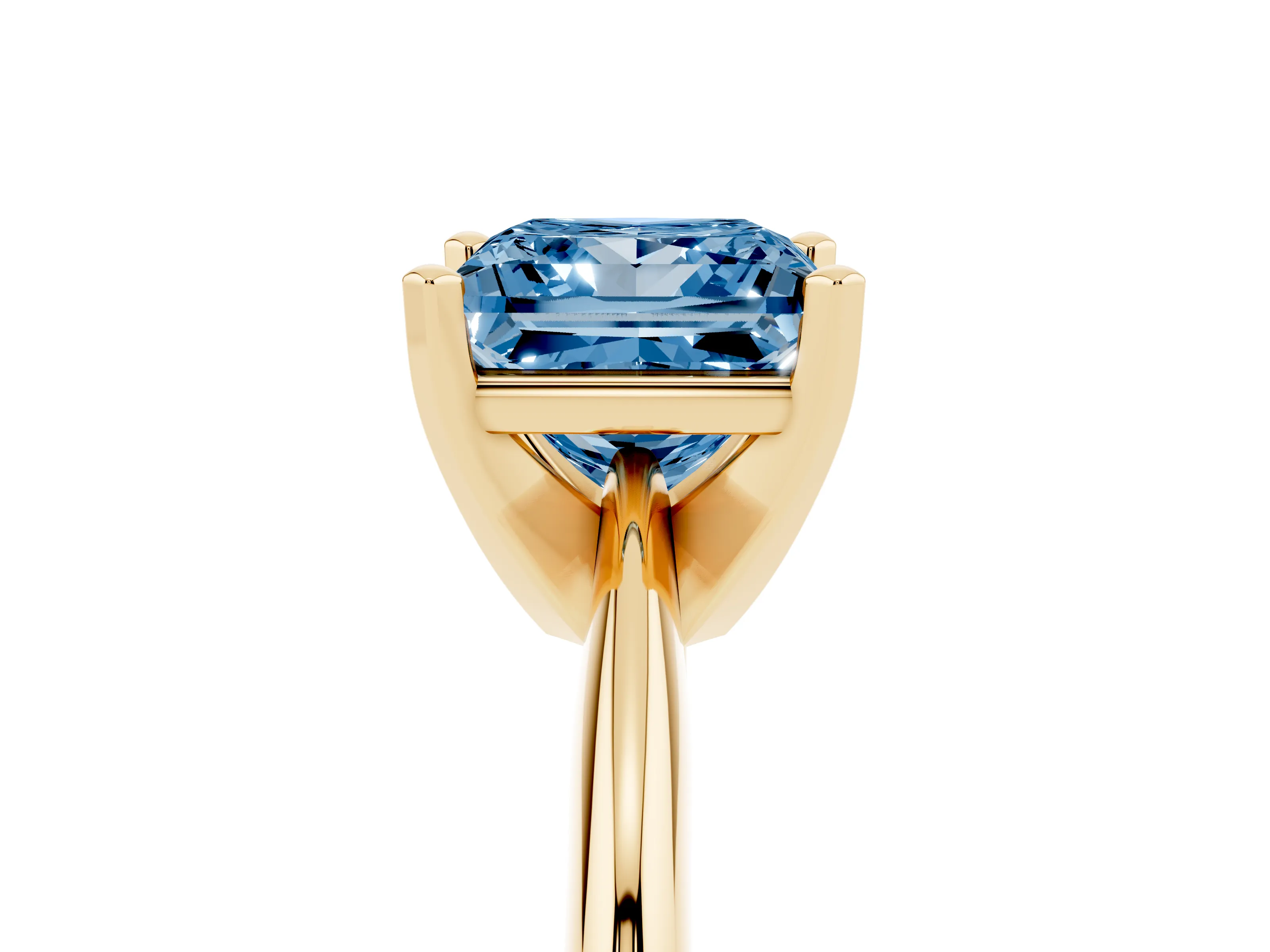 Fancy Blue Princess Cut Diamond Solitaire Ring Set in Yellow gold with Prong Setting on a Plain Round Band