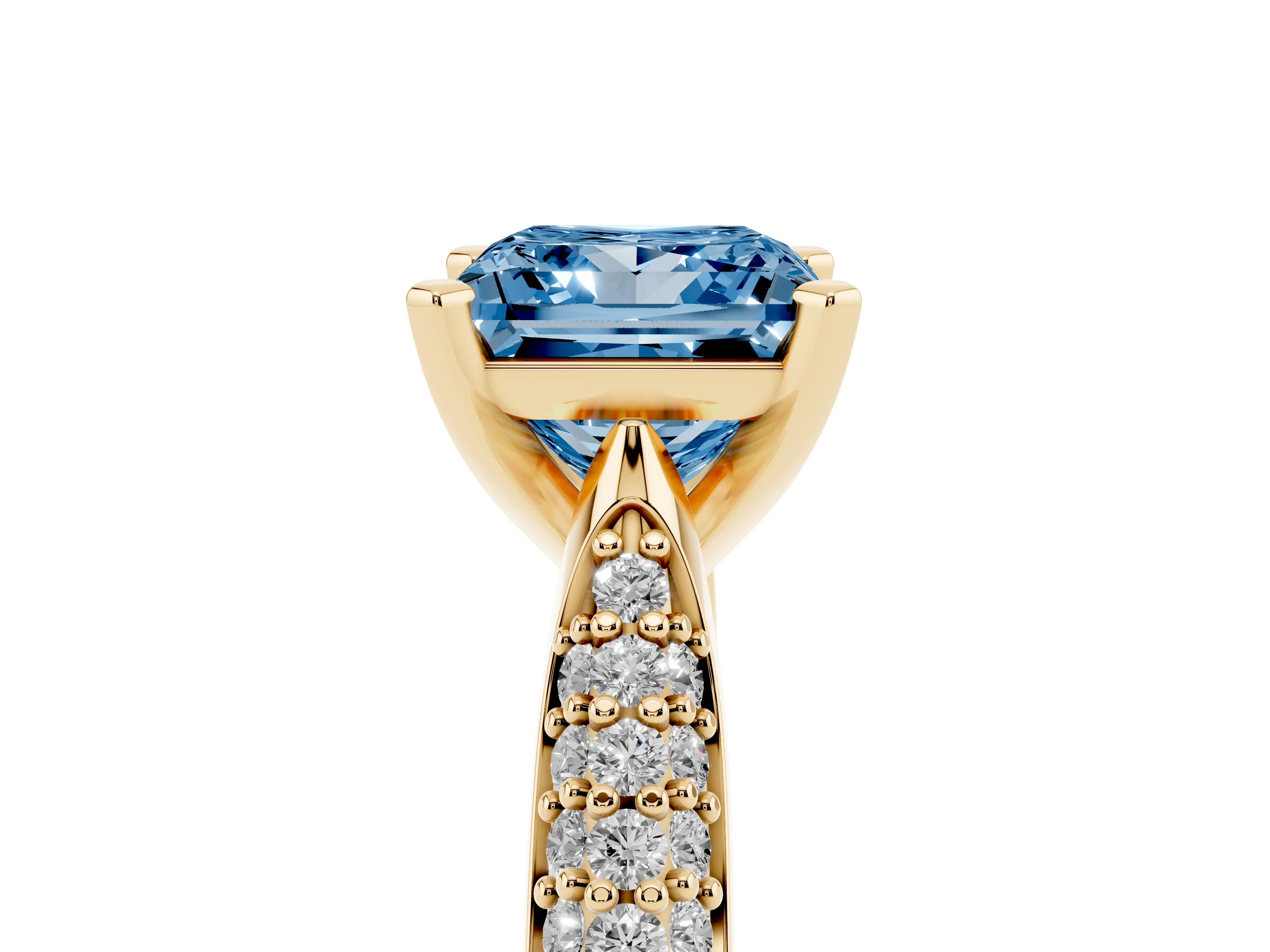Fancy Blue Princess Cut Diamond Solitaire Engagement Ring Set in Yellow gold with Multi-Row Round Pavé Band and Prong Setting