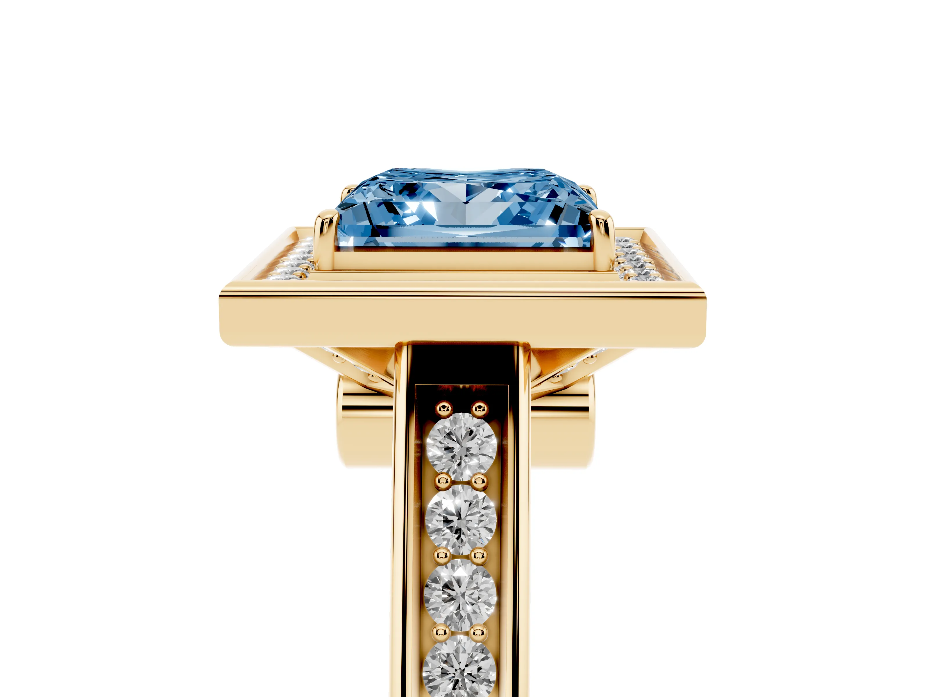 Fancy Blue Princess Cut Diamond Halo Solitaire Ring Set in Yellow gold with Pavé Band and Bezel Setting