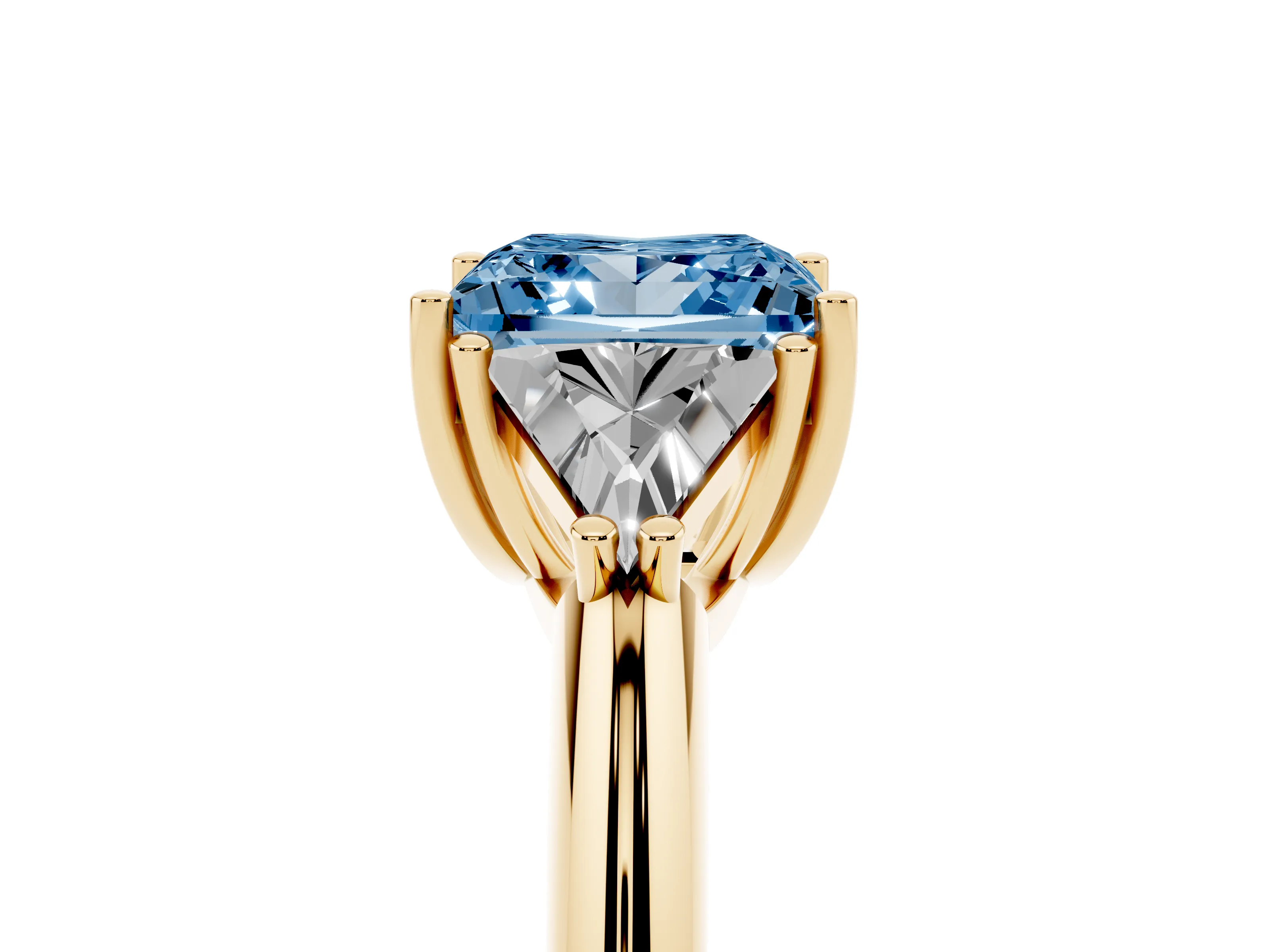 Fancy Blue Princess Cut Diamond Three-Stone Engagement Ring Set in Yellow gold with Trillion Side Stones