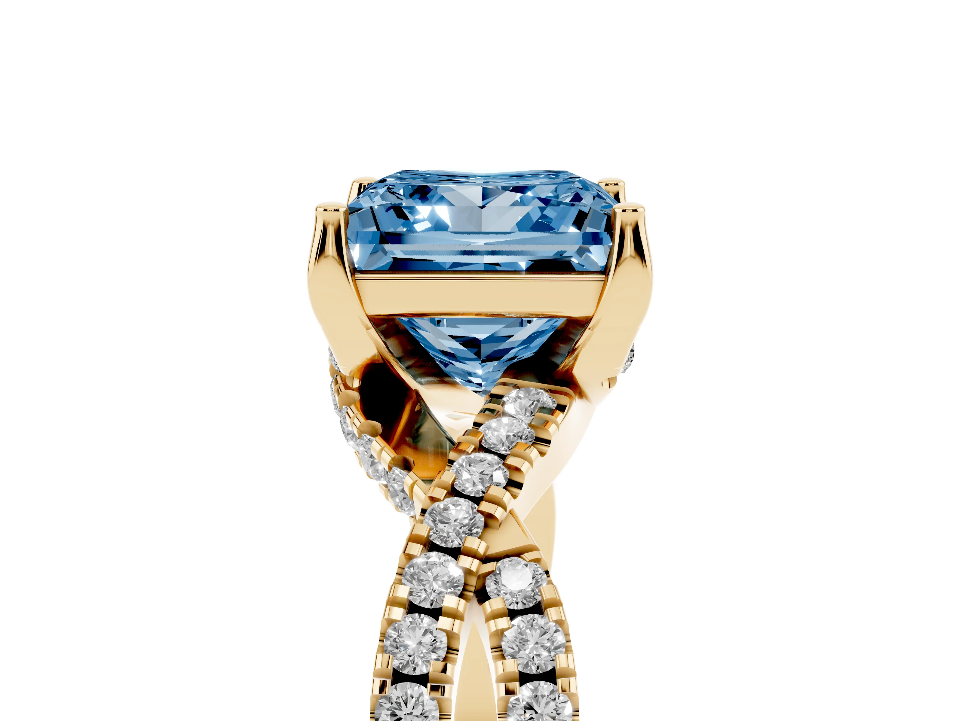 Fancy Blue Princess Cut Diamond Twist Pavé Solitaire Engagement Ring Set in Yellow gold with Prong Setting