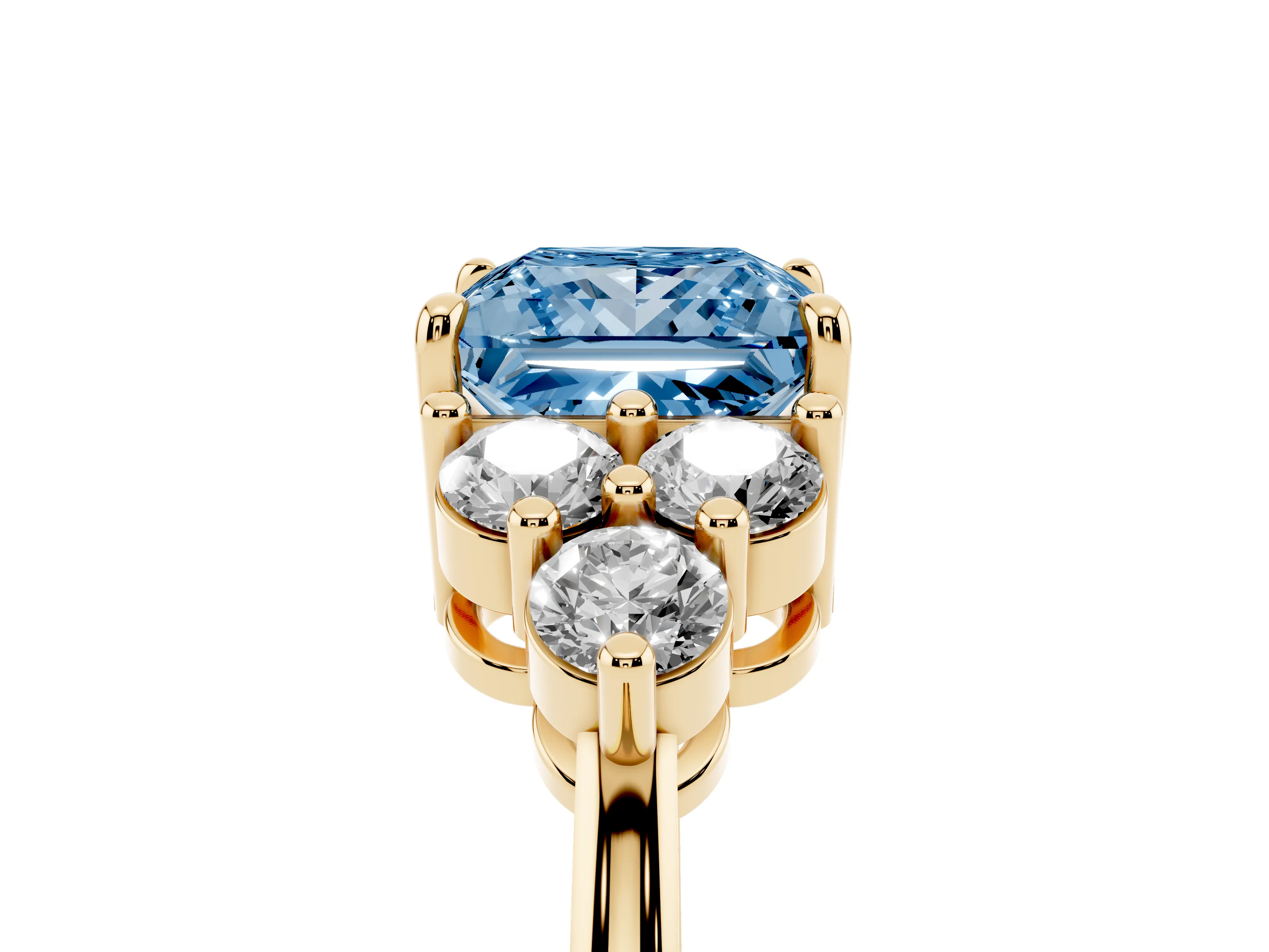 Fancy Blue Princess Cut Diamond Solitaire Ring Set in Yellow gold with Cluster Accents on Each Side