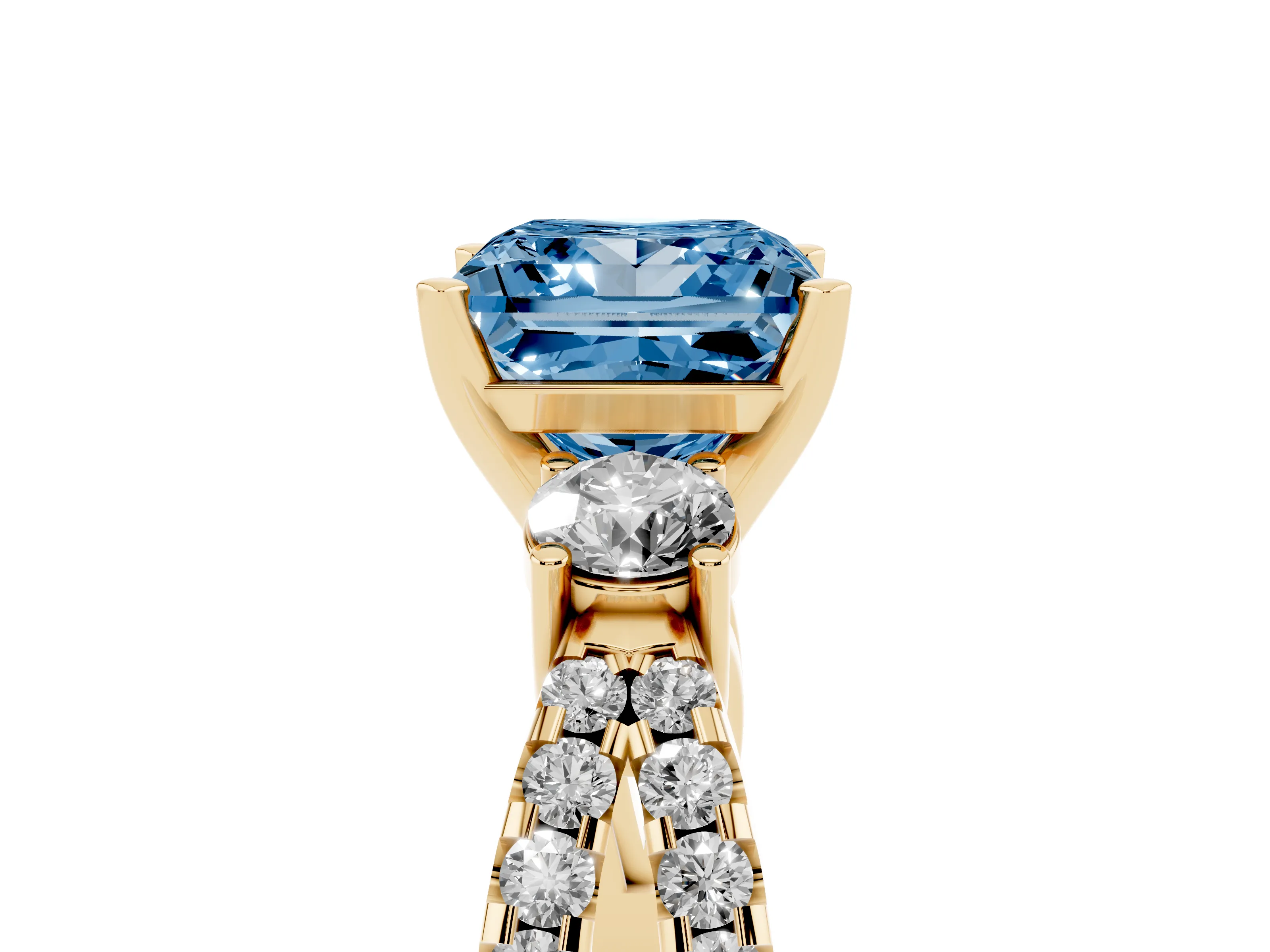 Fancy Blue Princess Cut Diamond Three-Stone Ring Set in Yellow gold with Pavé Split Shank and Prong Setting