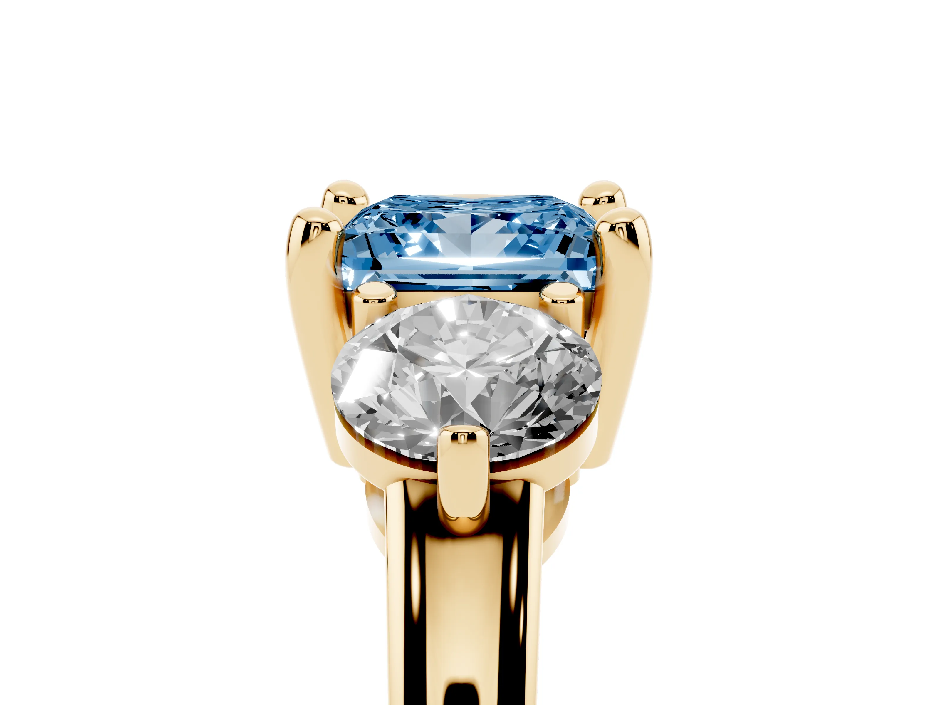 Fancy Blue Princess Cut Diamond Three-Stone Ring Set in Yellow gold with Prong Setting and Classic Band