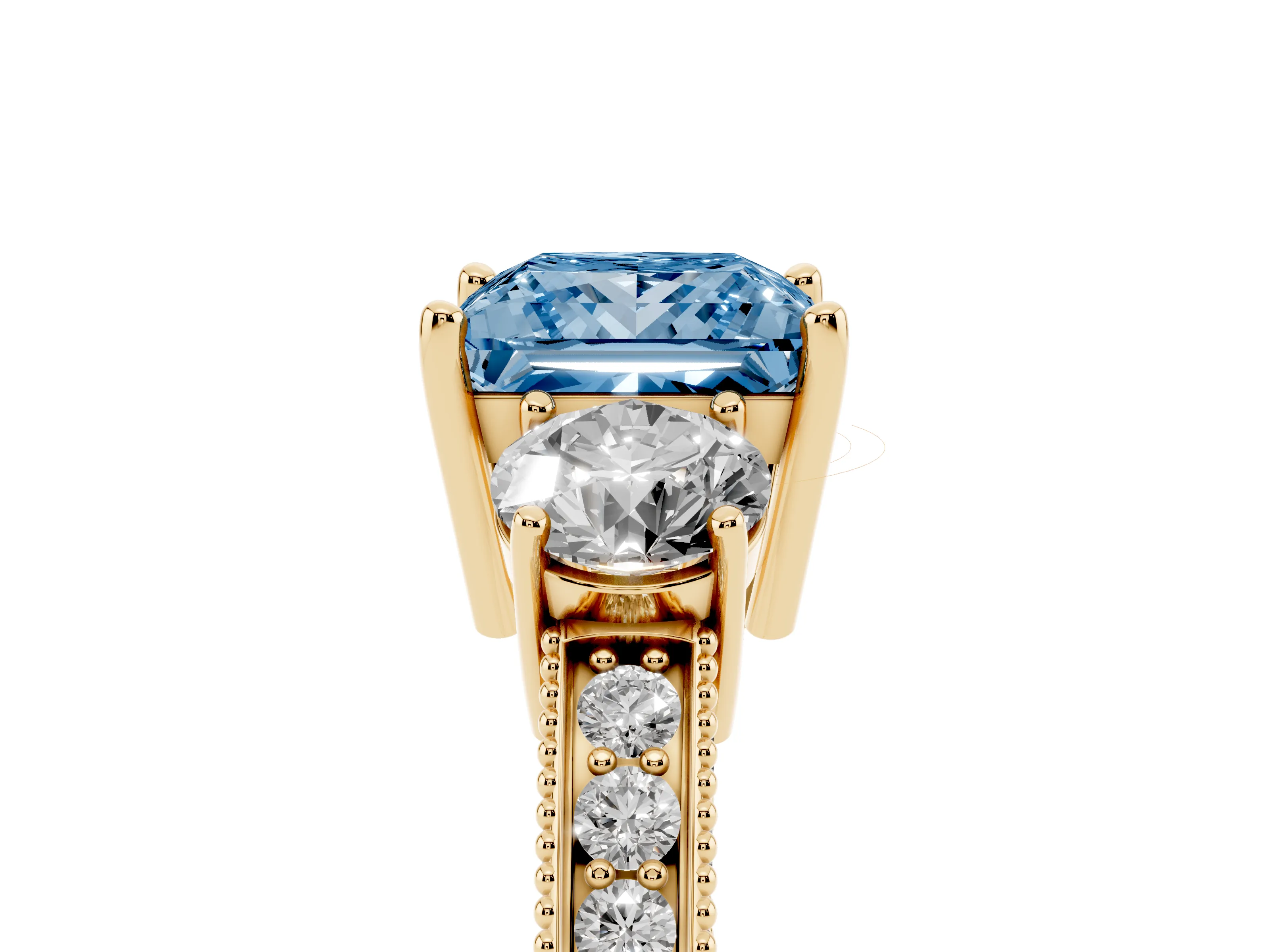 Fancy Blue Princess Cut Diamond Three-Stone Ring Set in Yellow gold with Round Side Stones and Pavé Band