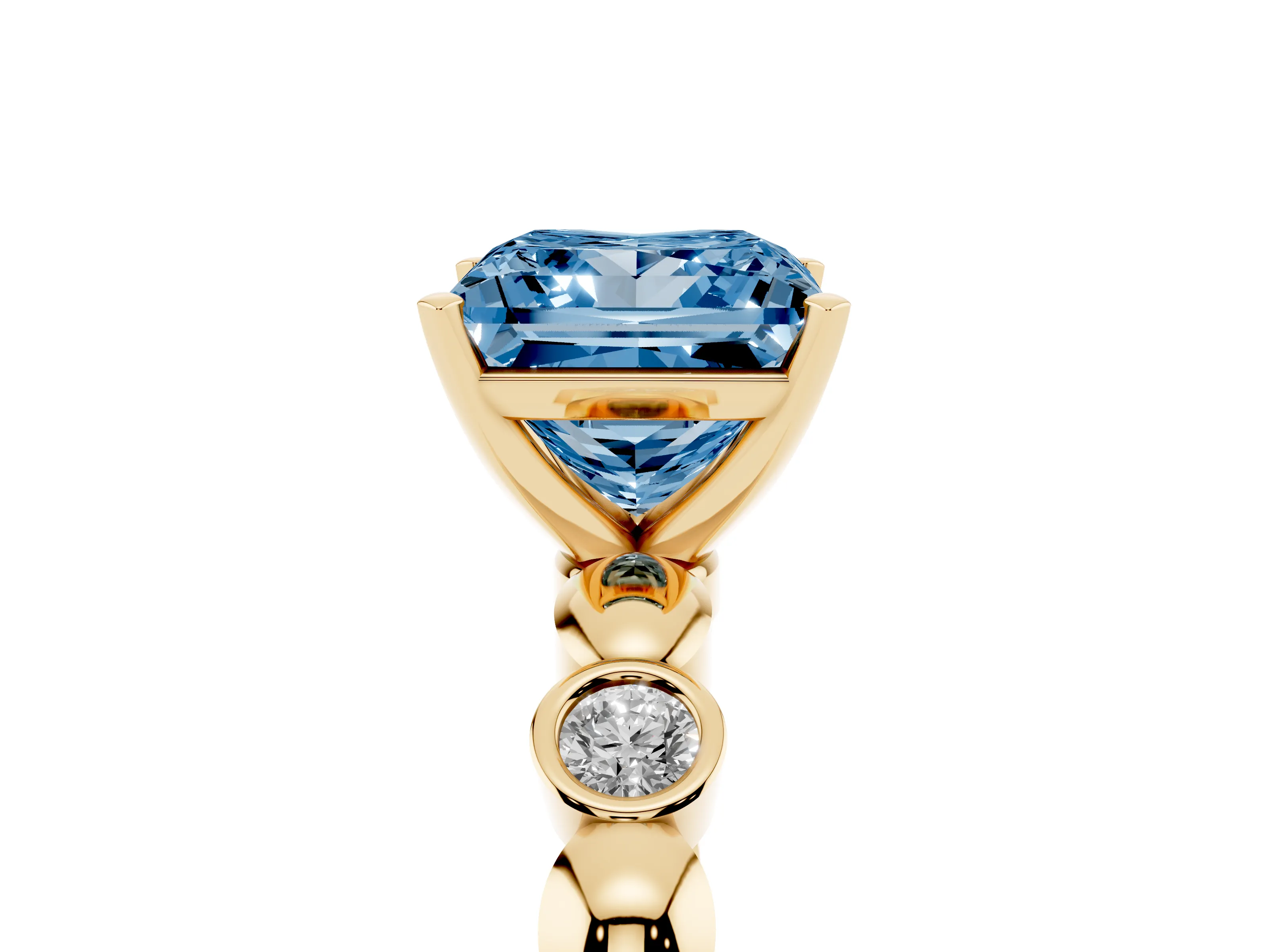 Fancy Blue Princess Cut Diamond Solitaire Ring Set in Yellow gold with Bezel-Set Accents on Beaded Band and Prong Setting