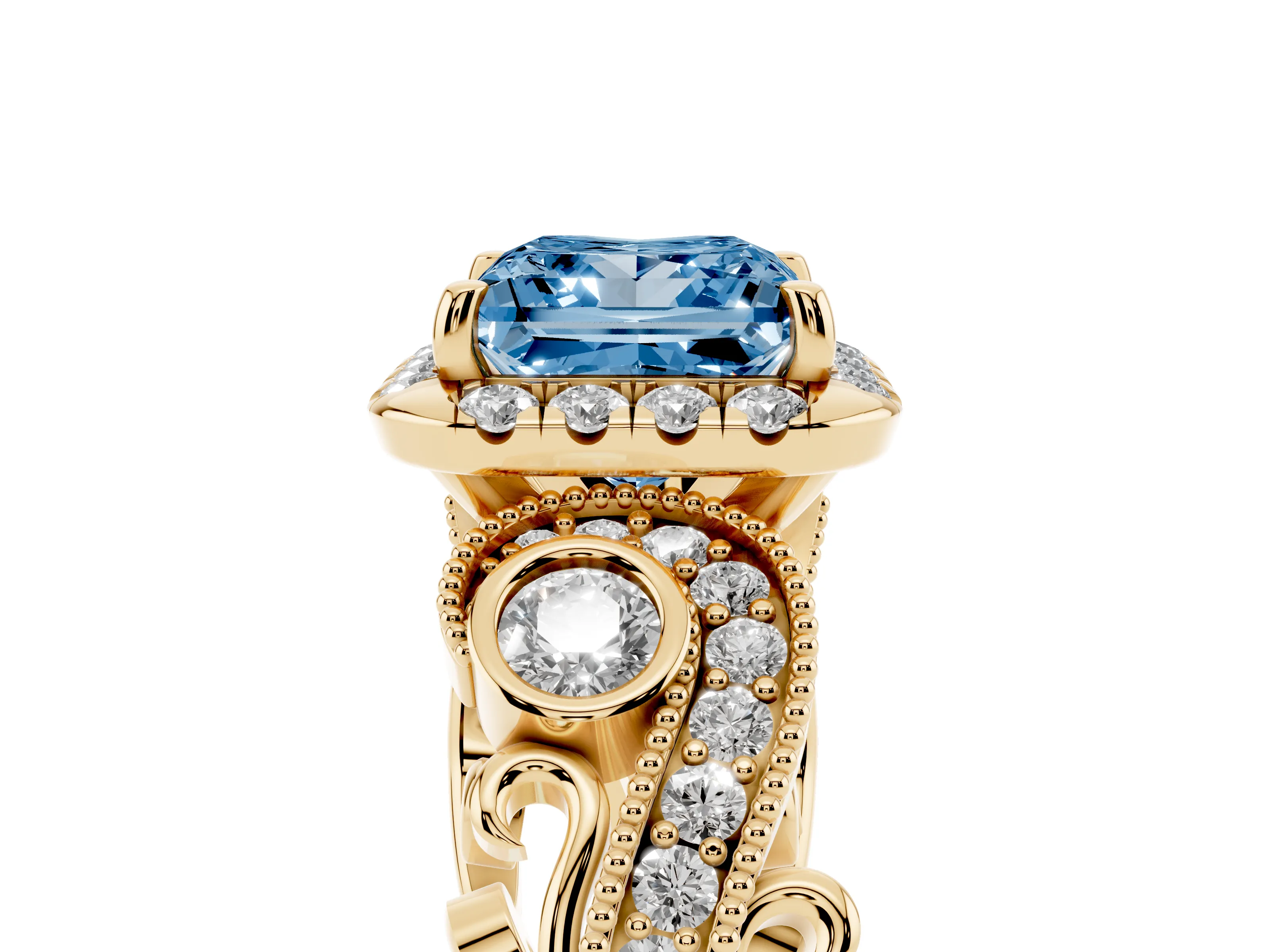 Fancy Blue Princess Cut Diamond Halo Split Shank Ring Set in Yellow gold with Milgrain and Bezel Accents