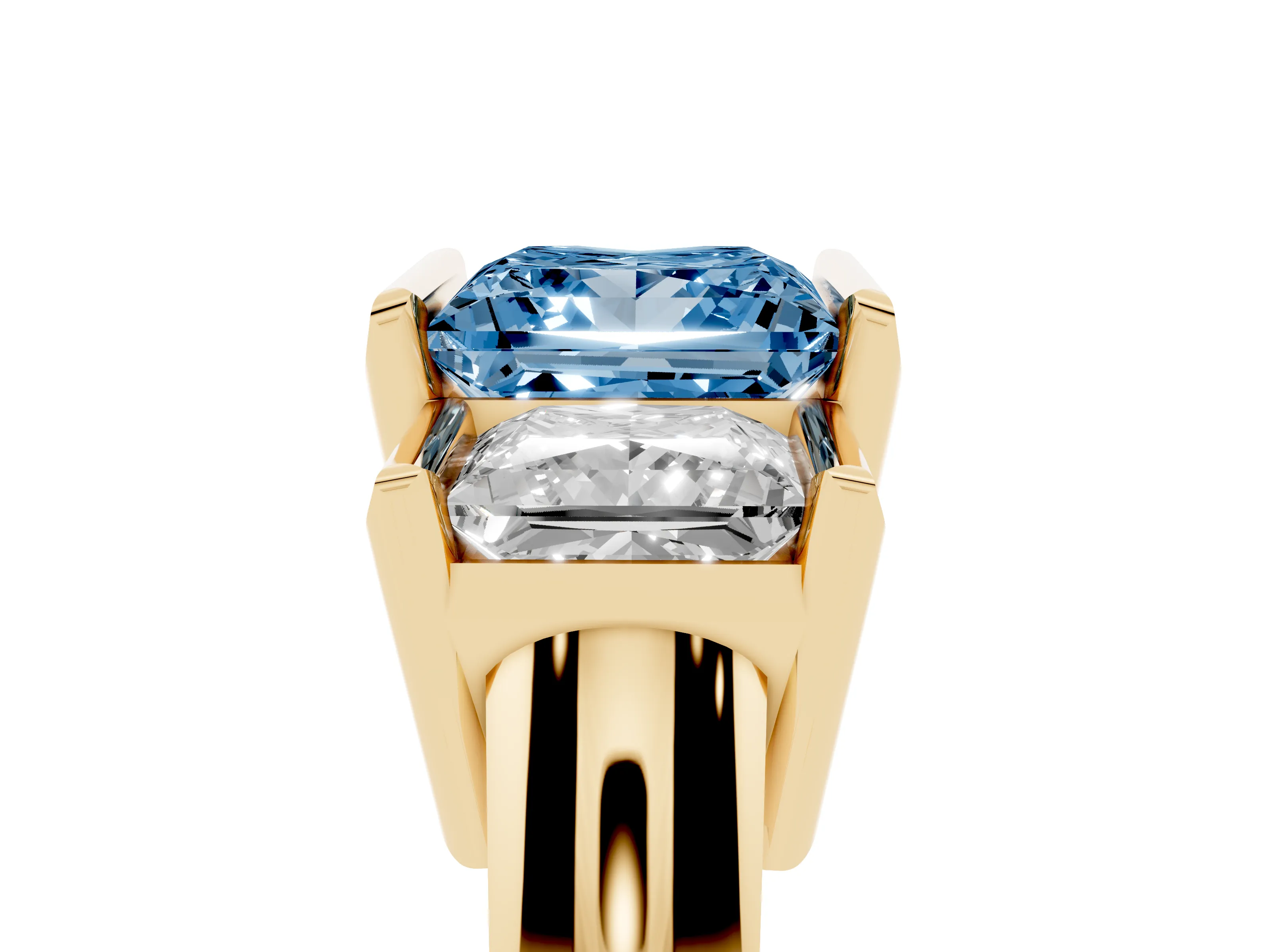 Fancy Blue Princess Cut Diamond Three-Stone Channel Set Ring Set in Yellow gold with Smooth Polished Band