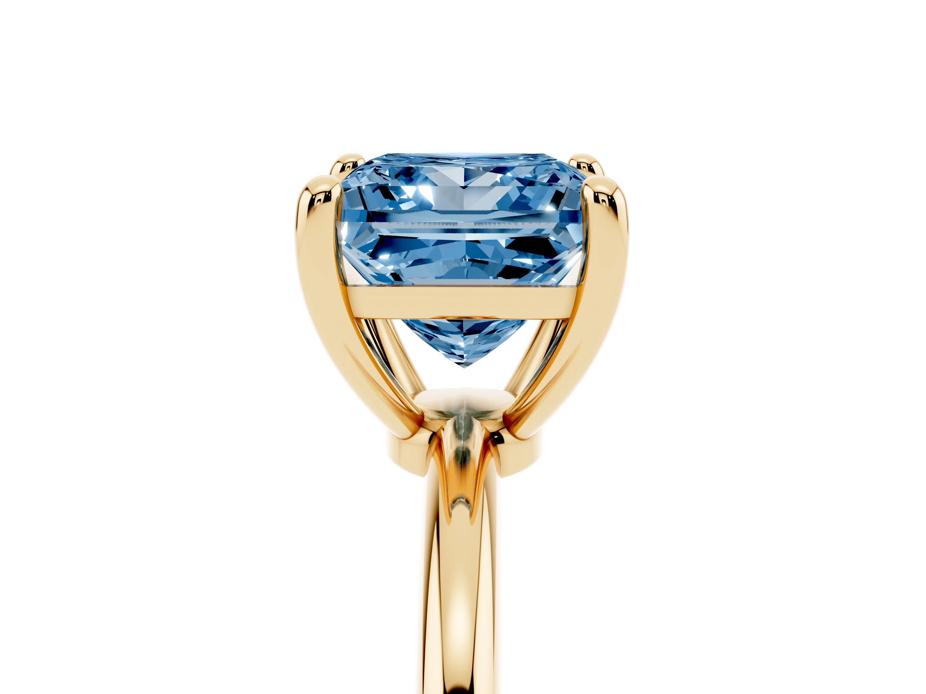 Fancy Blue Princess Cut Diamond Solitaire Ring Set in Yellow gold with Secure Prong Setting on a Classic Band