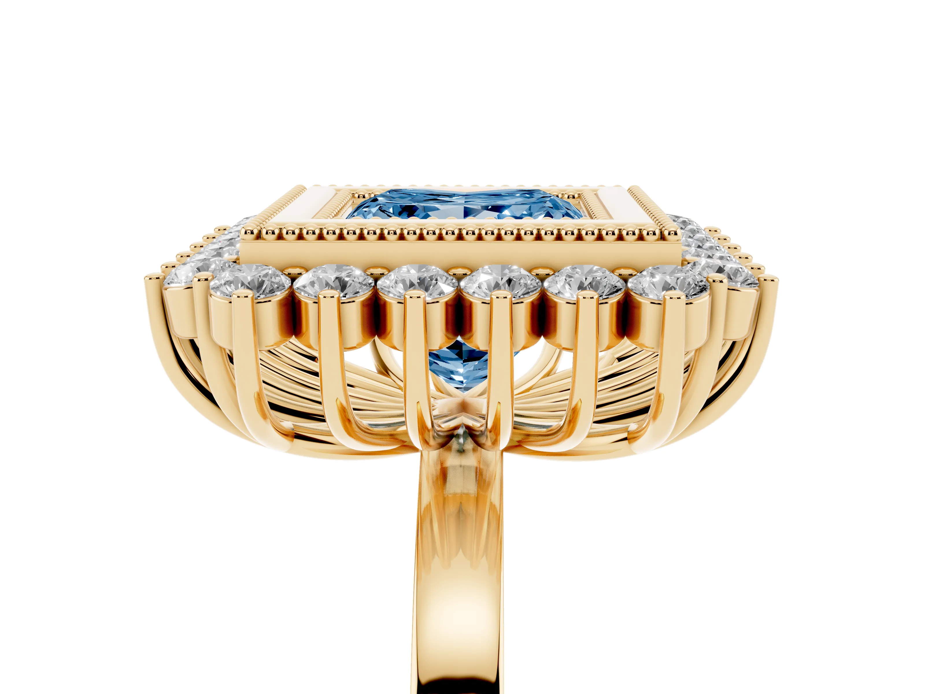Fancy Blue Princess Cut Diamond Halo Ring Set in Yellow gold with Milgrain Edge and Round Prong Setting