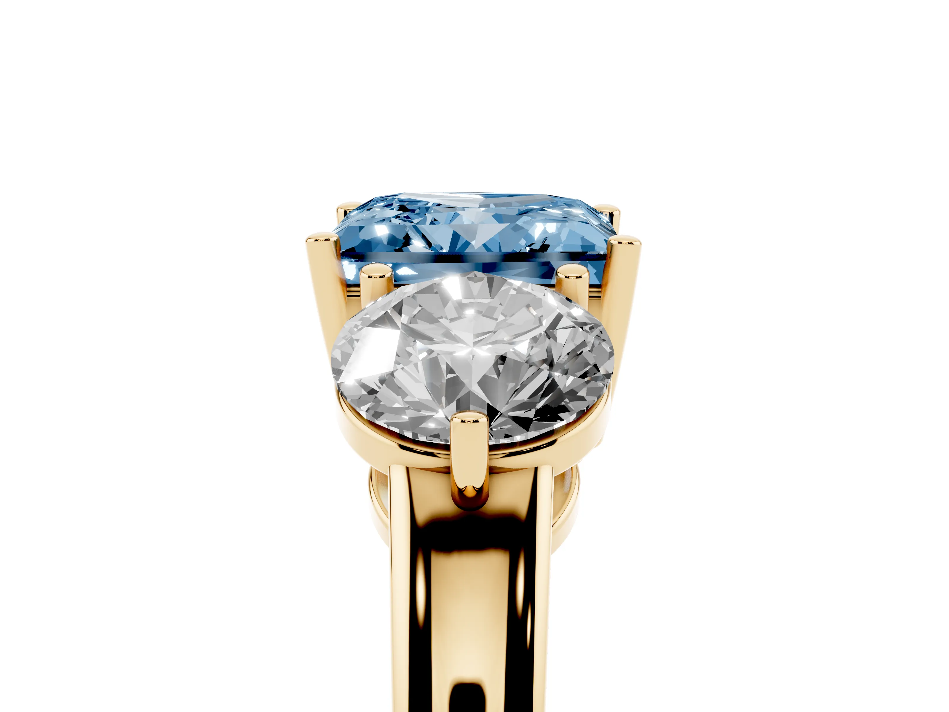 Fancy Blue Princess Cut Diamond Three-Stone Ring Set in Yellow gold with Prong Setting and Plain Band