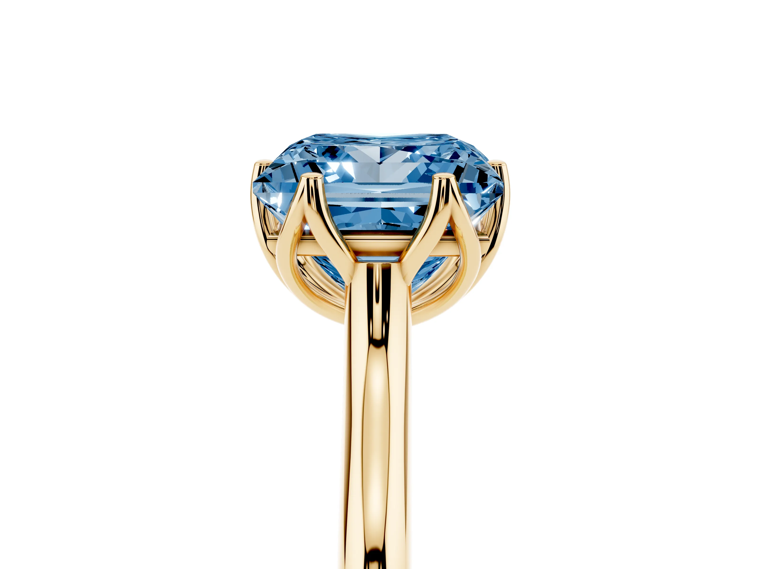 Fancy Blue Princess Cut Diamond Solitaire Cathedral Ring Set in Yellow gold with Prong Setting
