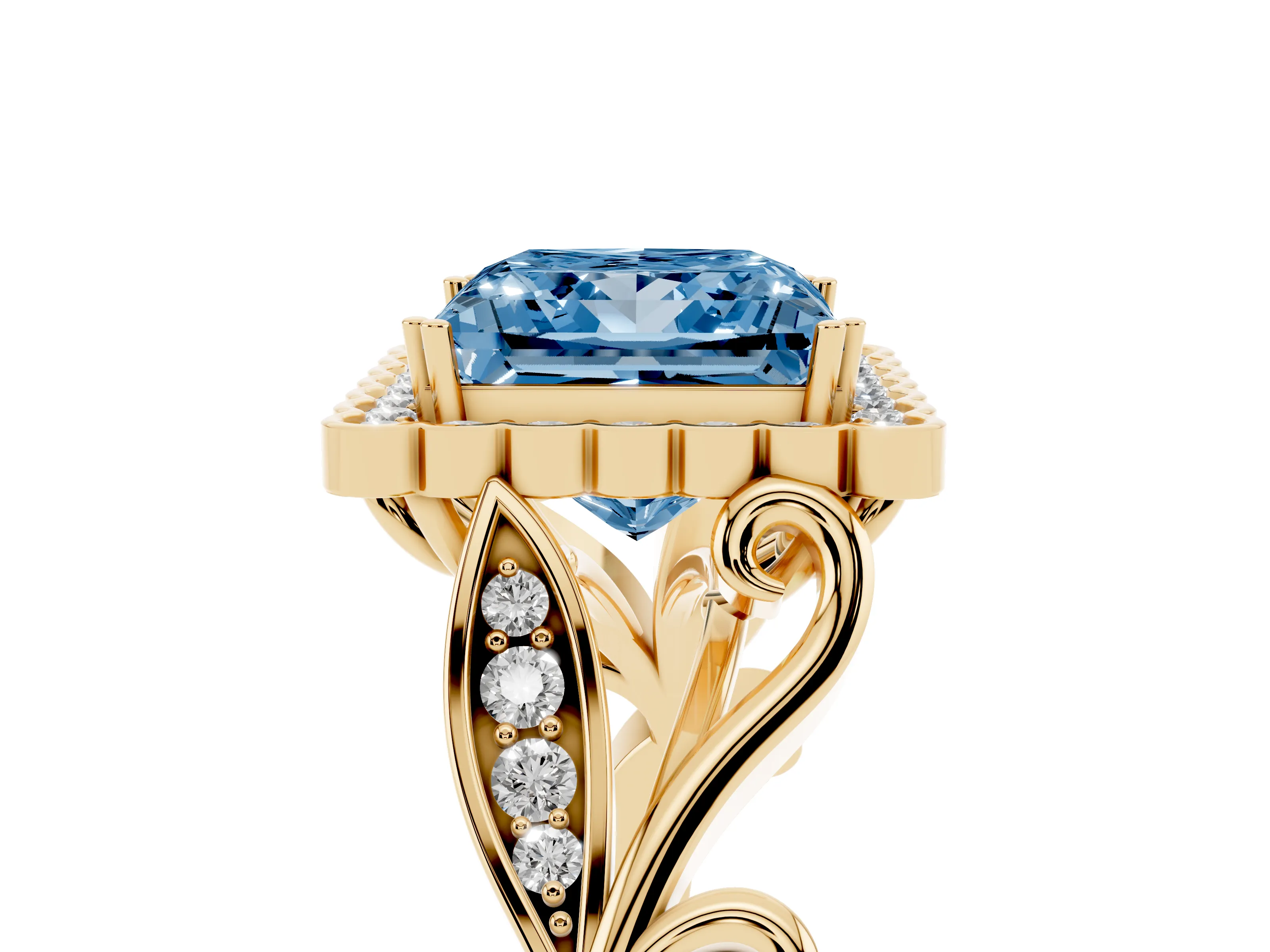Fancy Blue Princess Cut Diamond Halo Ring Set in Yellow gold with Leaf Motif Split Shank and Prong Setting