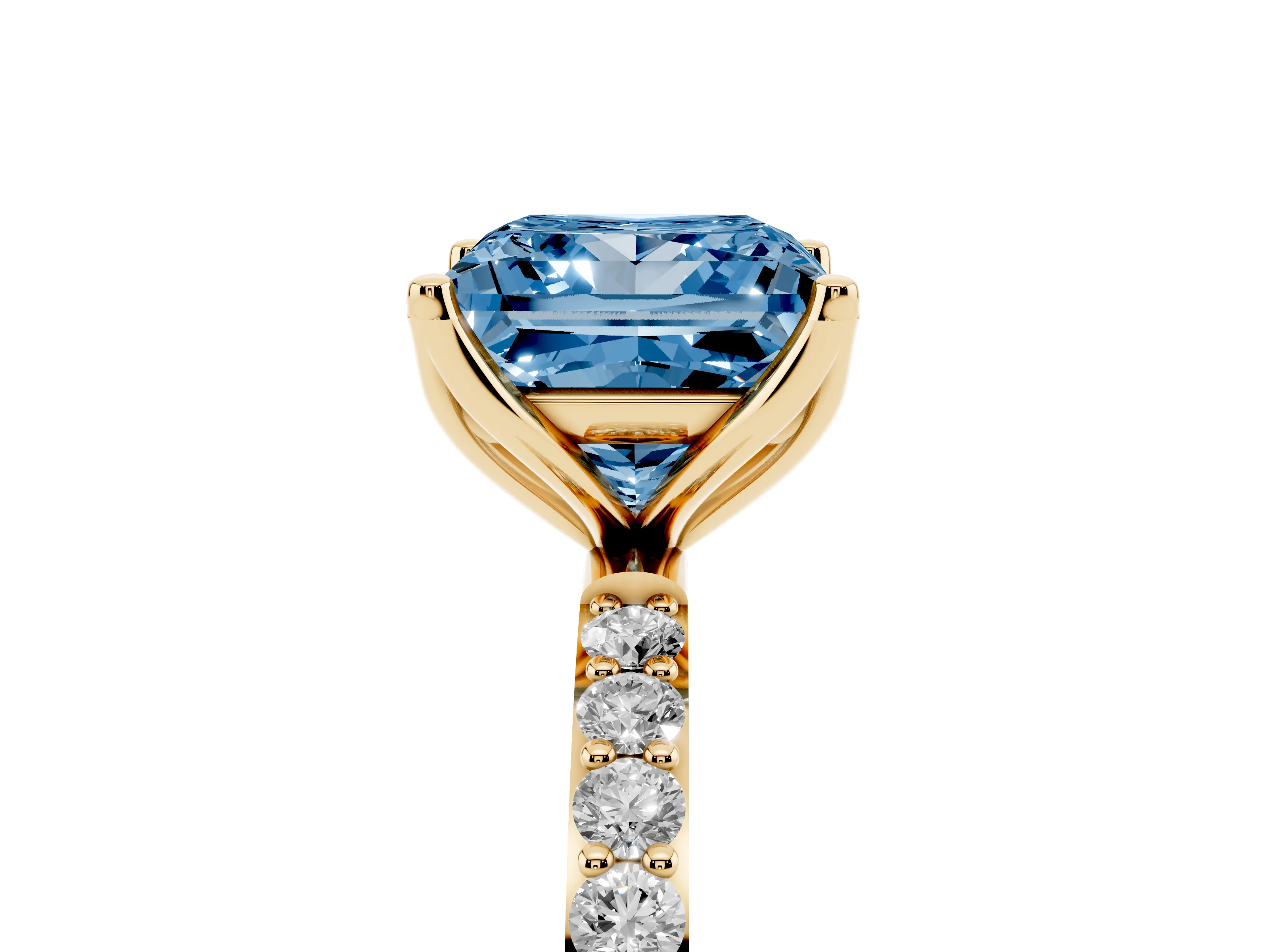 Fancy Blue Princess Cut Diamond Solitaire Engagement Ring Set in Yellow gold with Round Pavé Band and Prong Setting