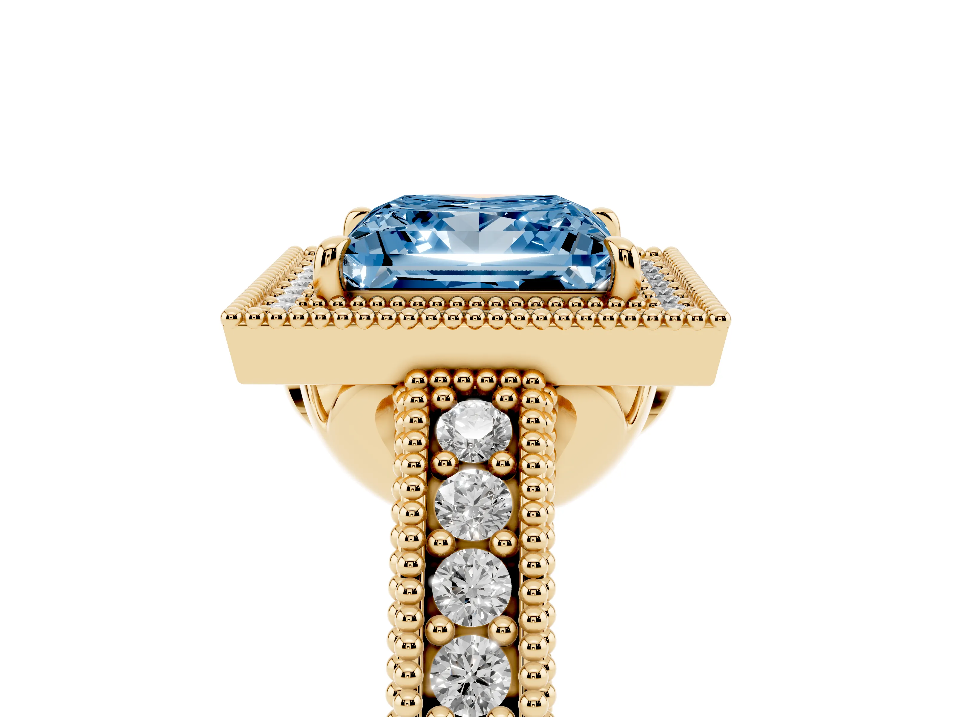 Fancy Blue Princess Cut Diamond Halo Ring Set in Yellow gold with Round Accent Halo, Pavé Band and Prong Setting