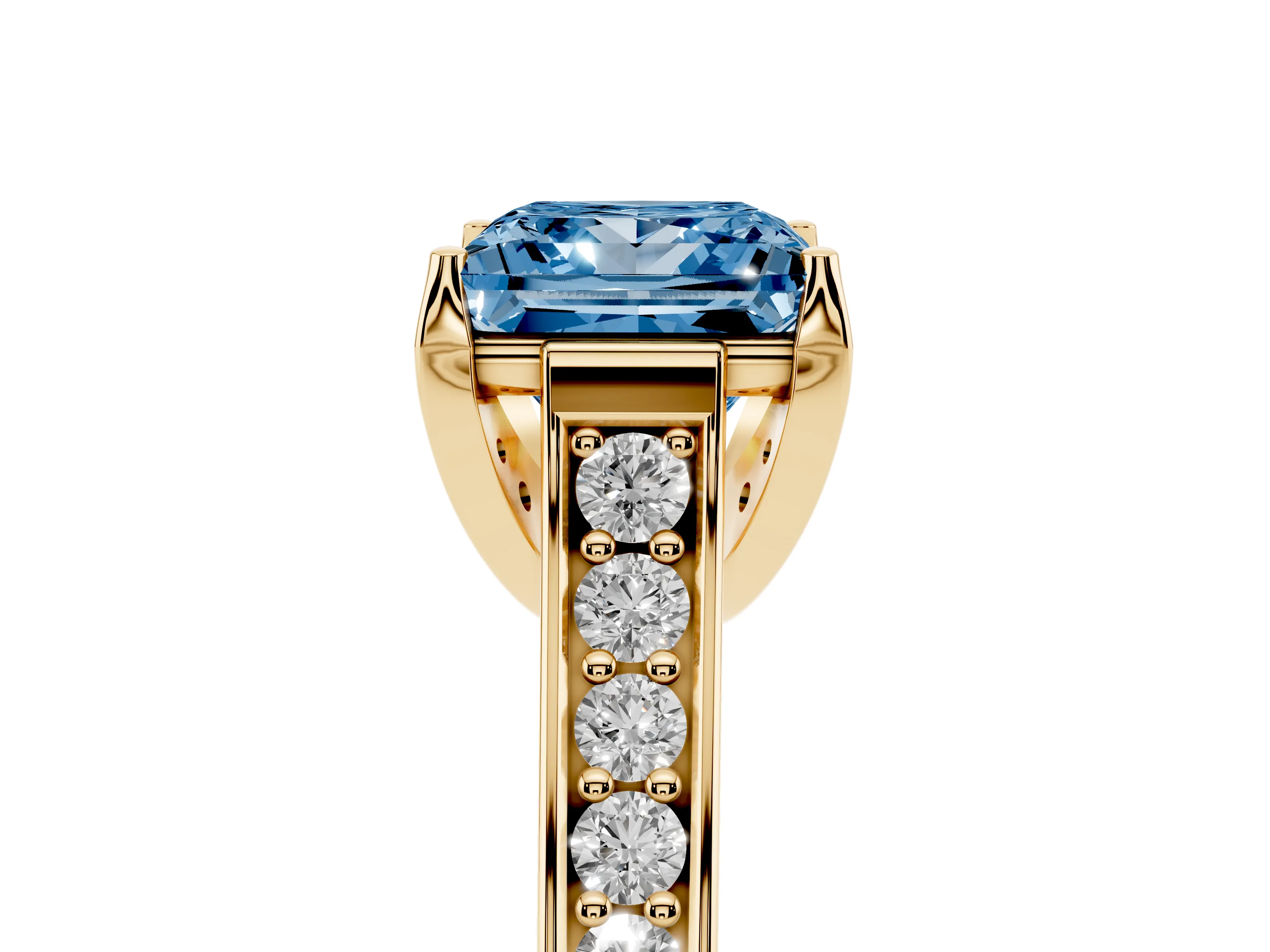 Fancy Blue Princess Cut Diamond Solitaire Pavé Engagement Ring Set in Yellow gold with Prong Setting