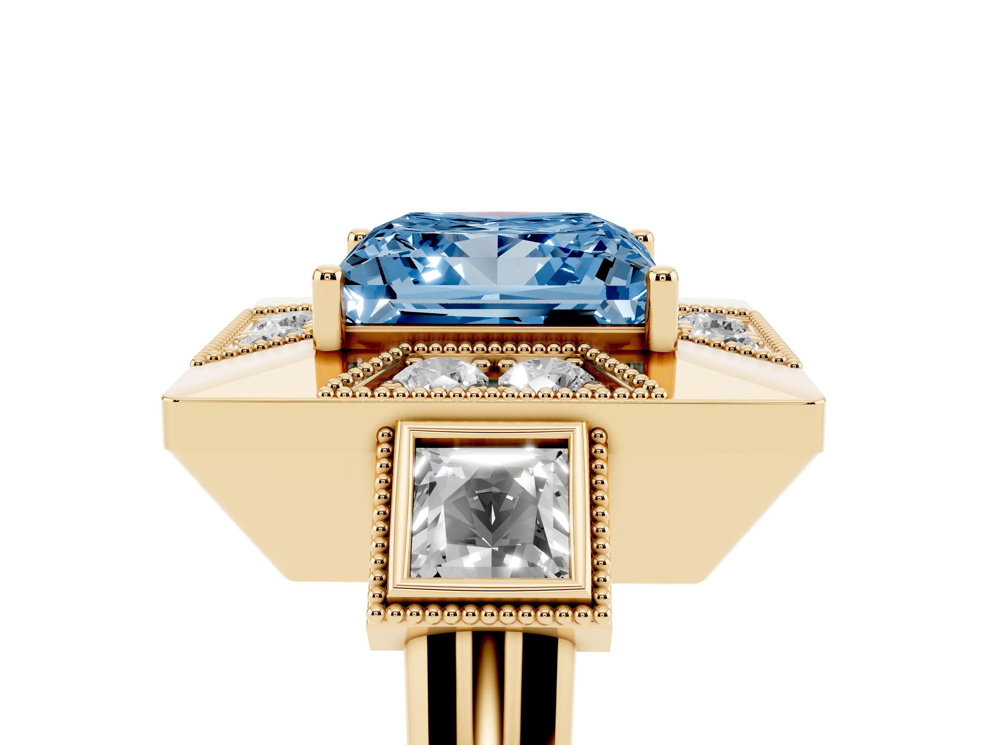 Fancy Blue Princess Cut Diamond Milgrain Halo Ring Set in Yellow gold with Split Shank