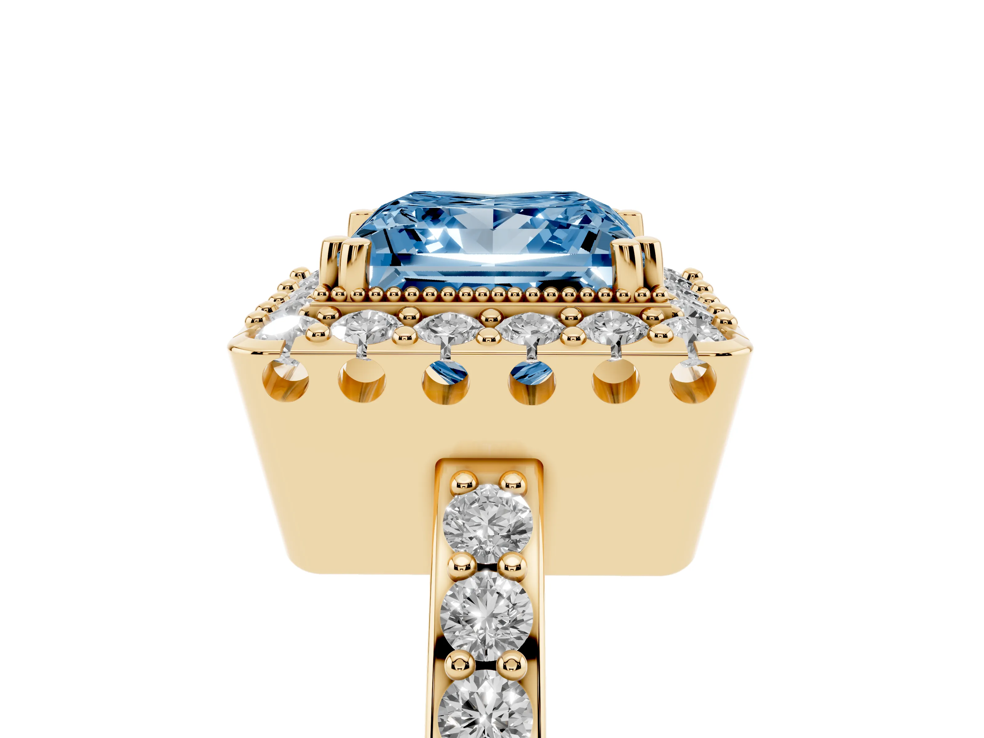 Fancy Blue Princess Cut Diamond Halo Ring Set in Yellow gold with Pavé Shank and Prong Setting