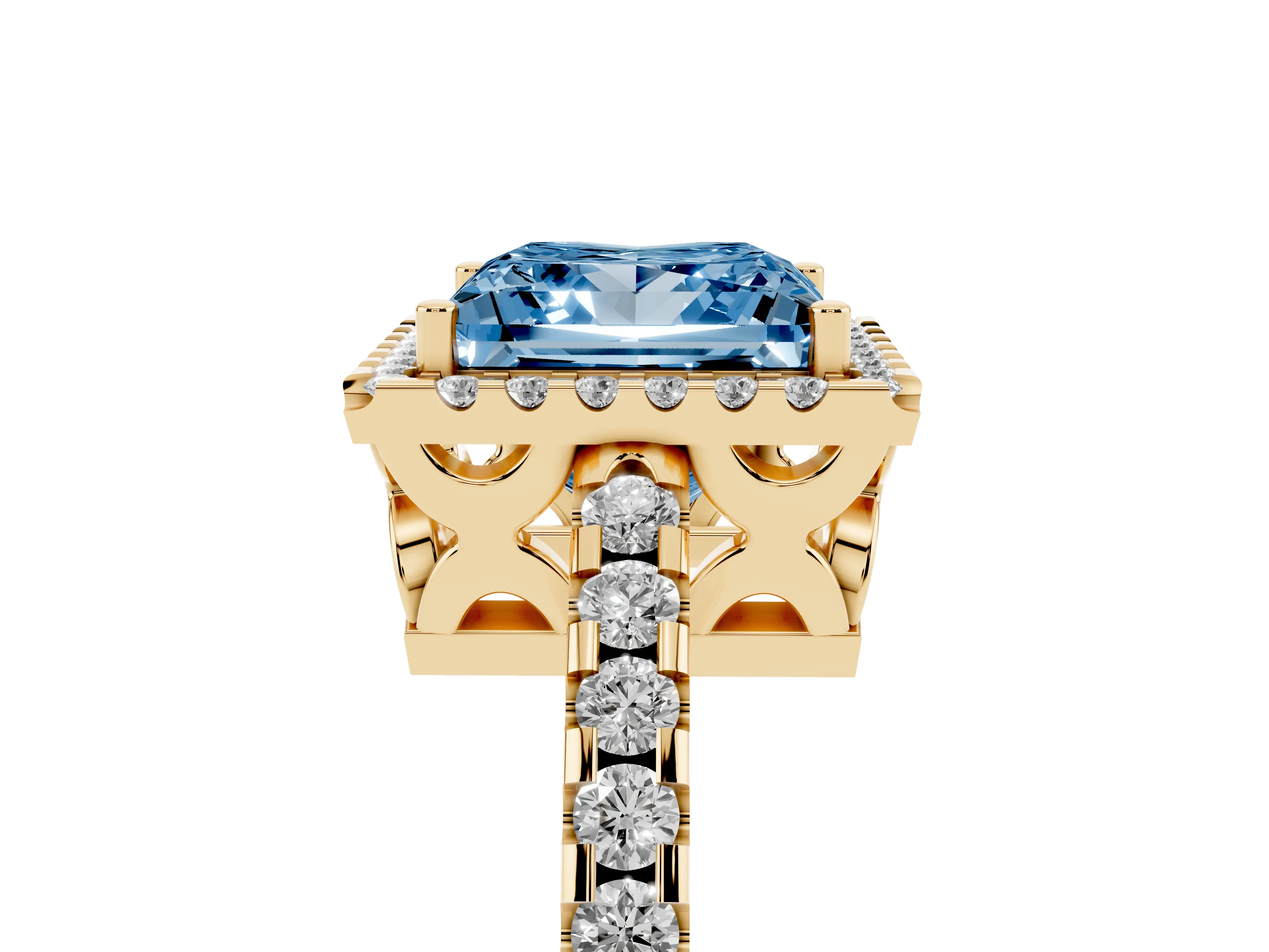 Fancy Blue Princess Cut Diamond Halo Ring Set in Yellow gold with Pavé Shoulders and Halo-Framed Center