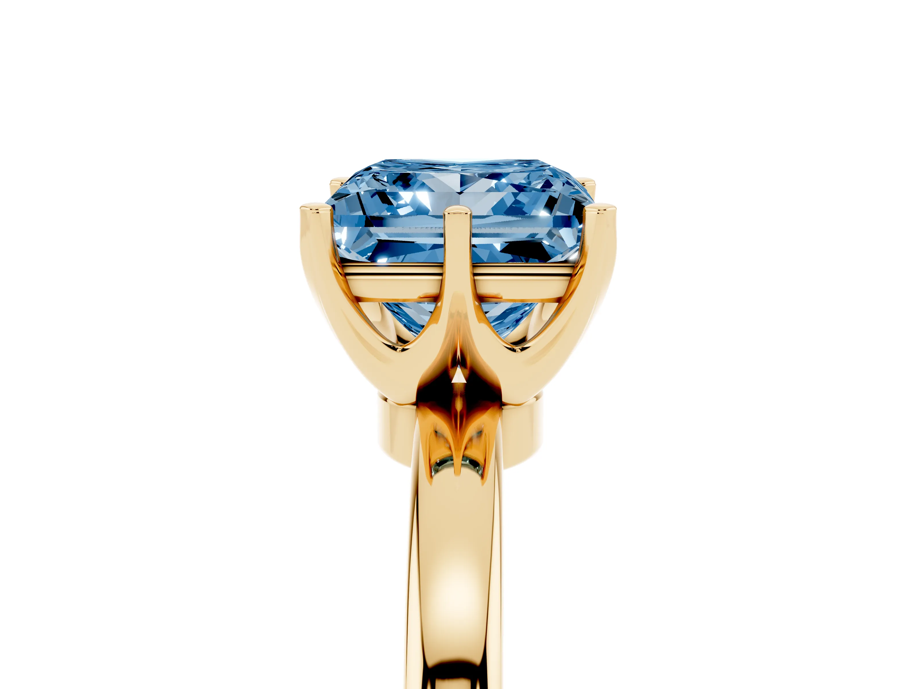 Fancy Blue Princess Cut Diamond Solitaire Ring Set in Yellow gold with Raised Prong Setting on a Classic Band