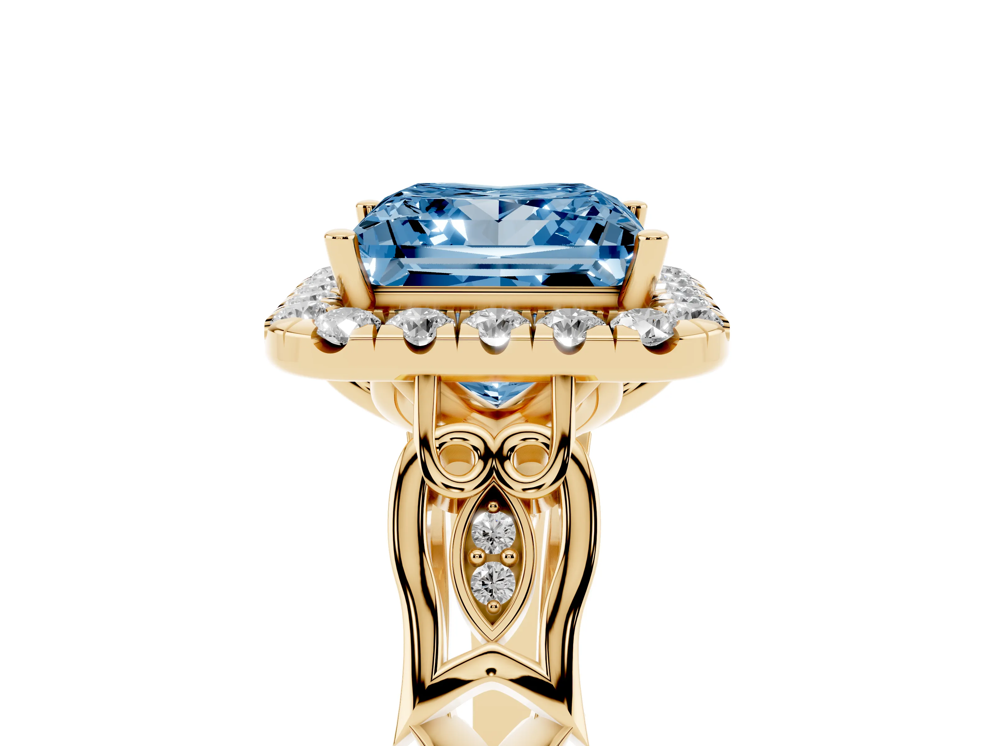 Fancy Blue Princess Cut Diamond Halo Engagement Ring Set in Yellow gold with Filigree Band and Prong-Set Center