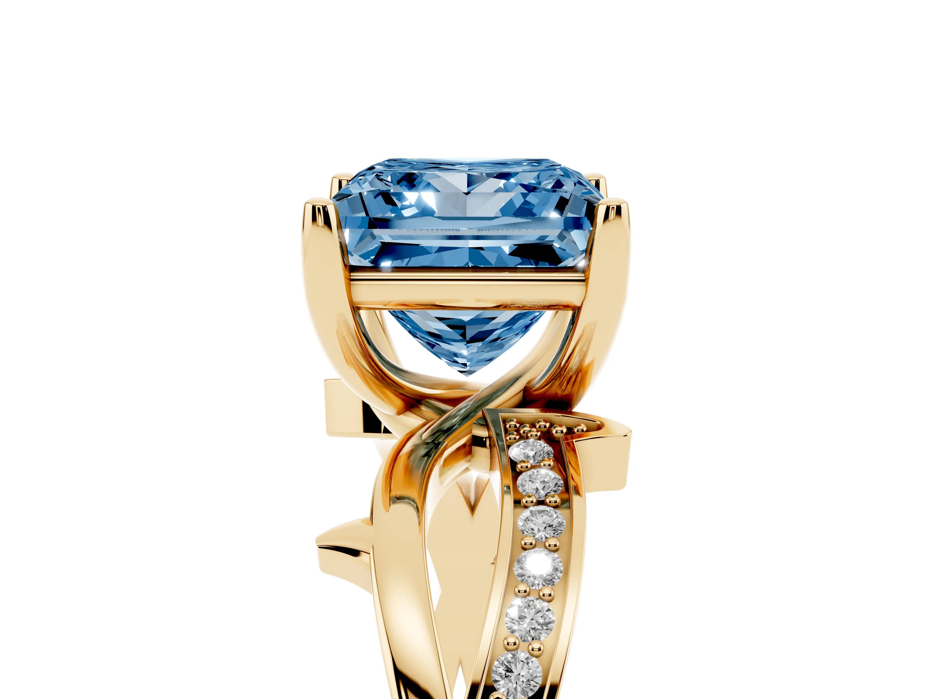 Fancy Blue Princess Cut Diamond Pavé Twist Band Solitaire Ring Set in Yellow gold with Prong Setting