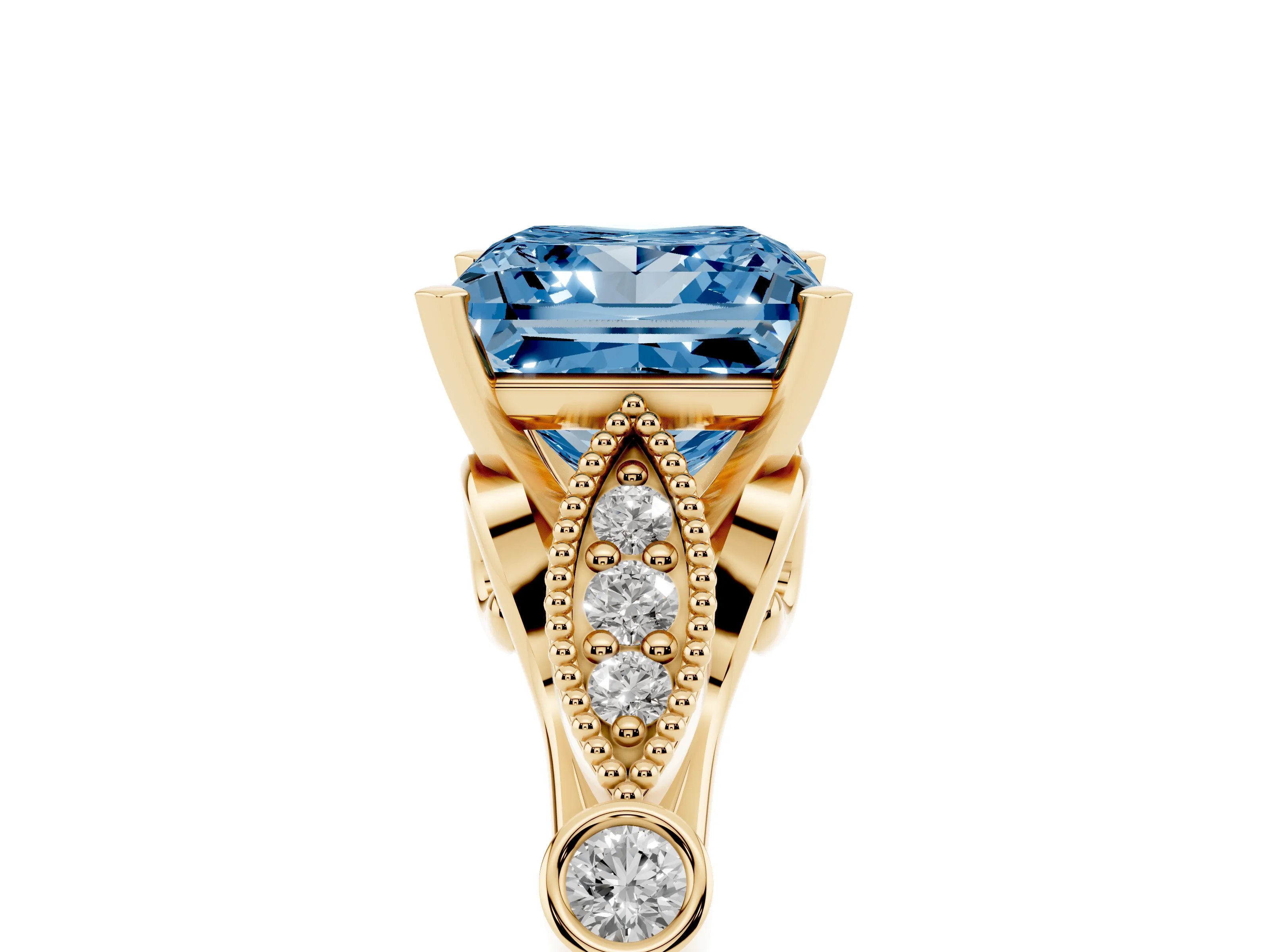 Fancy Blue Princess Cut Diamond Solitaire Ring Set in Yellow gold with Milgrain Marquise and Bezel Accents