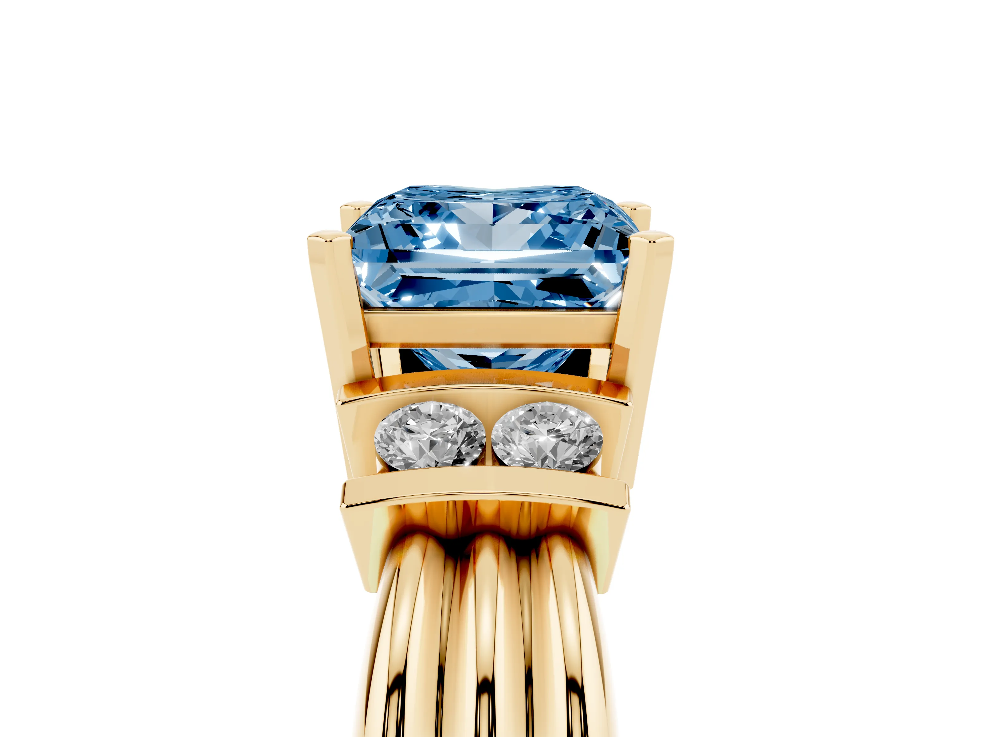 Fancy Blue Three-Stone Princess Cut Diamond Channel Set Ring Set in Yellow gold with Bar Prongs
