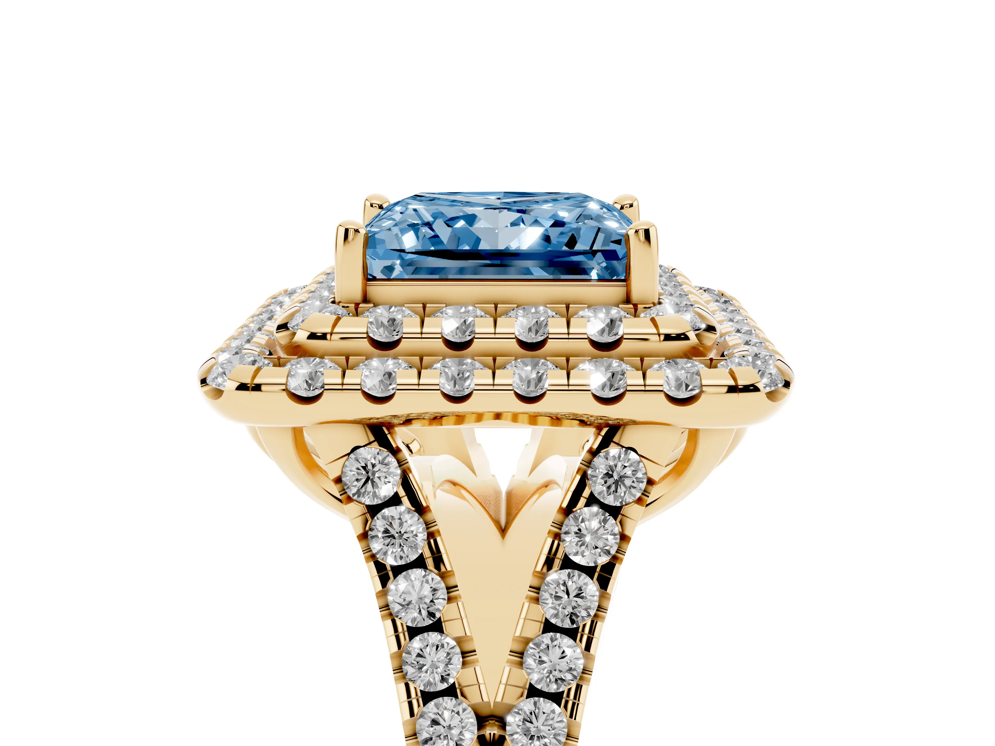 Fancy Blue Princess Cut Diamond Double Halo Ring Set in Yellow gold with Pavé Split Shank and Prong Setting