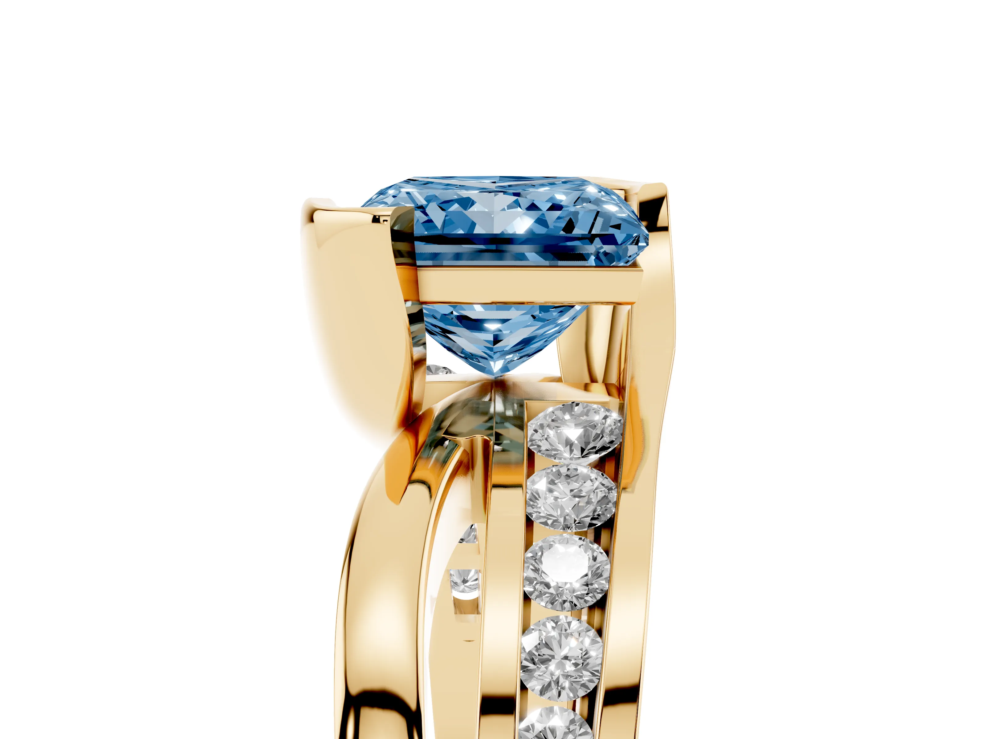 Fancy Blue Princess Cut Diamond Solitaire Ring Set in Yellow gold with Channel Set Split Shank and Tension Prongs