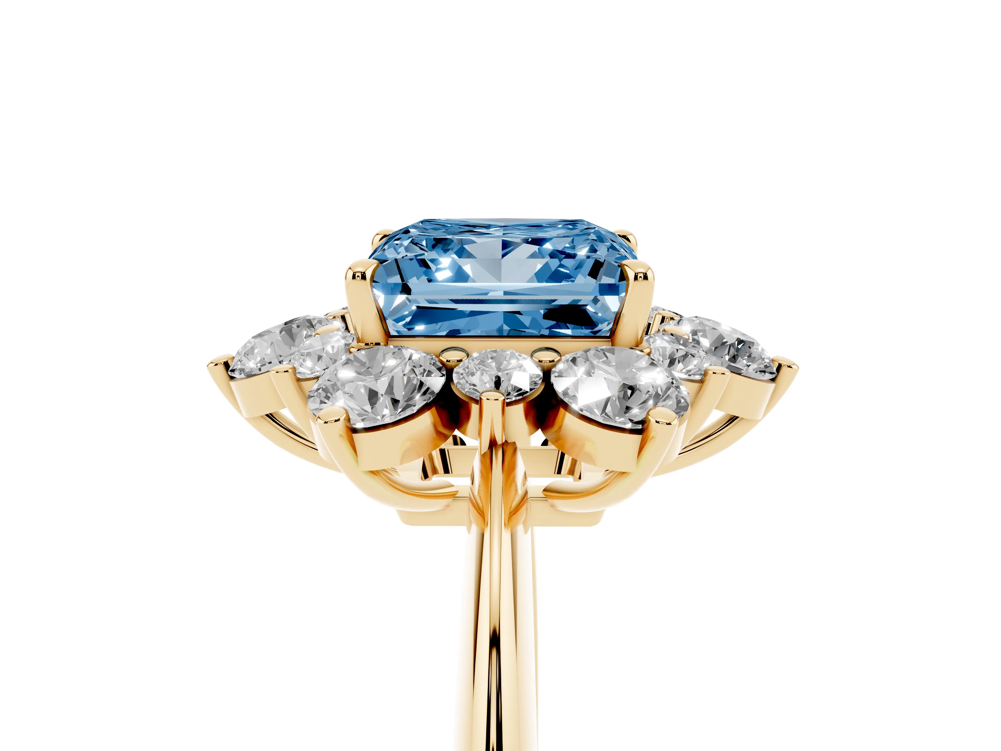 Fancy Blue Princess Cut Diamond Cluster Halo Ring Set in Yellow gold with Solitaire Band and Prong Setting