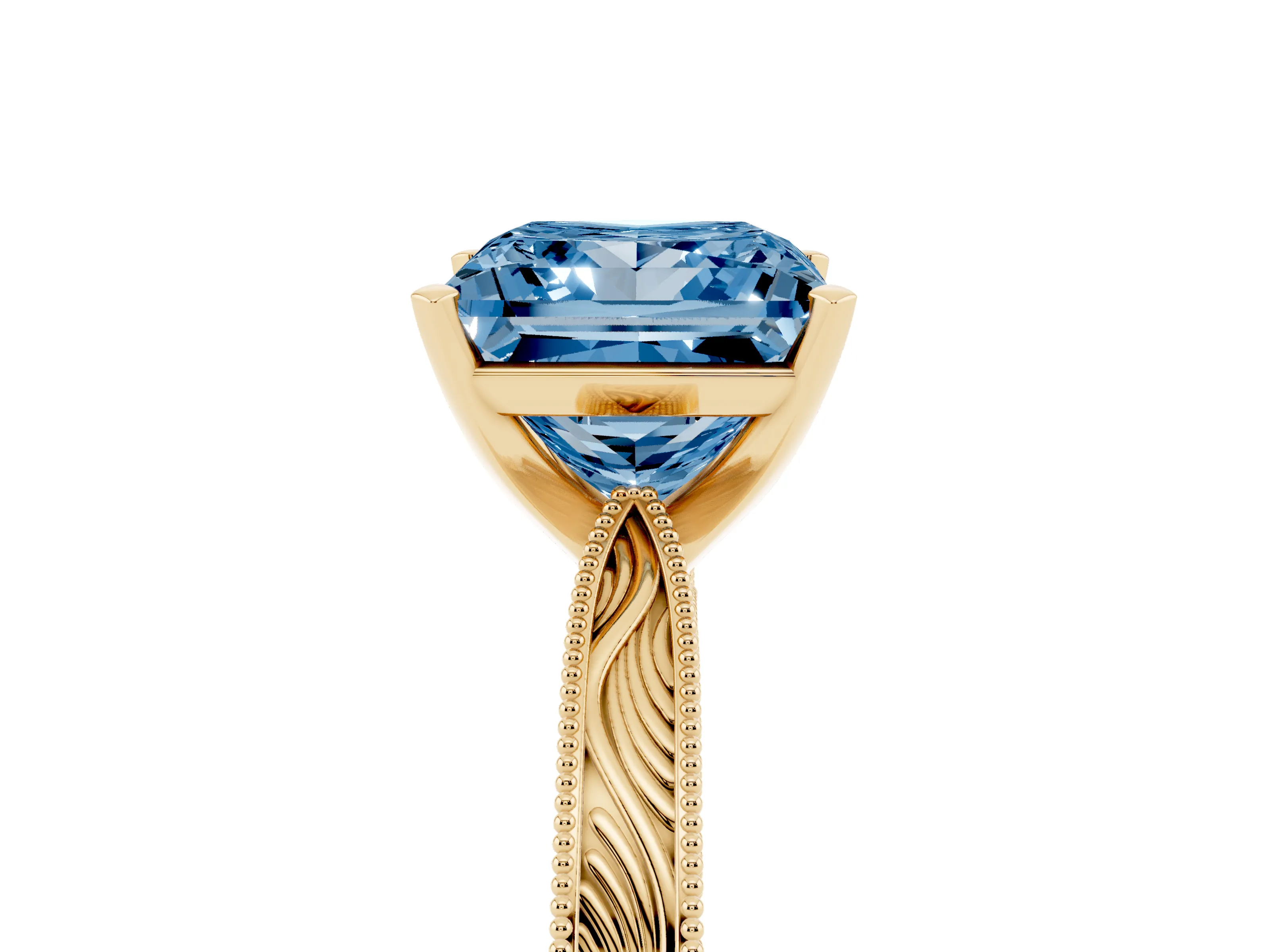 Fancy Blue Princess Cut Diamond Solitaire Milgrain Engraved Band Set in Yellow gold with Prong Setting