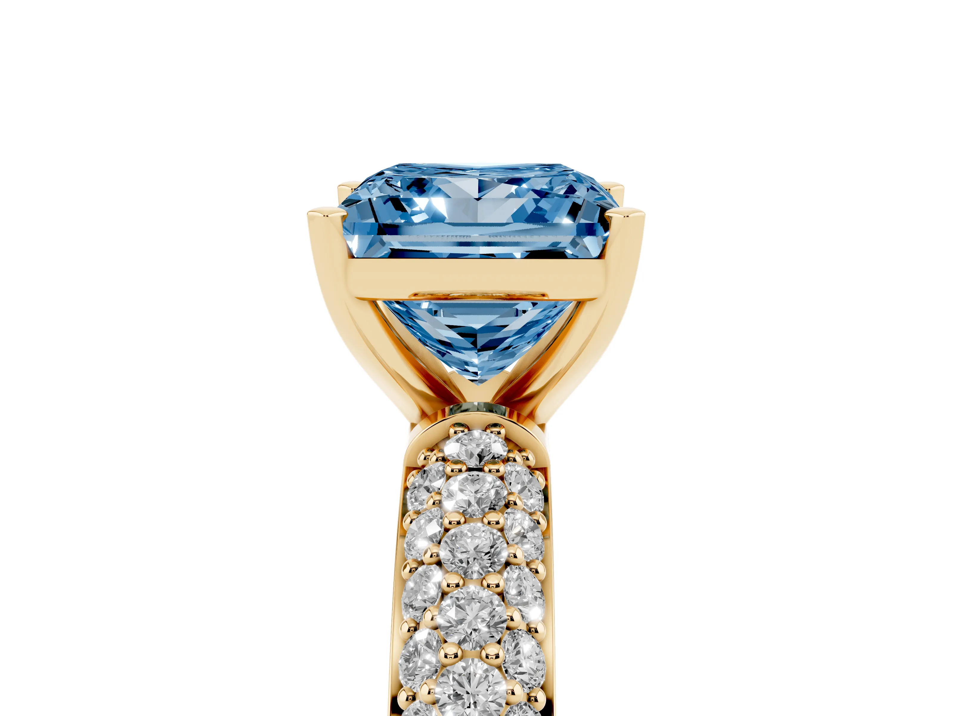 Fancy Blue Princess Cut Diamond Solitaire Ring Set in Yellow gold with Prong Setting and Pavé-Set Band