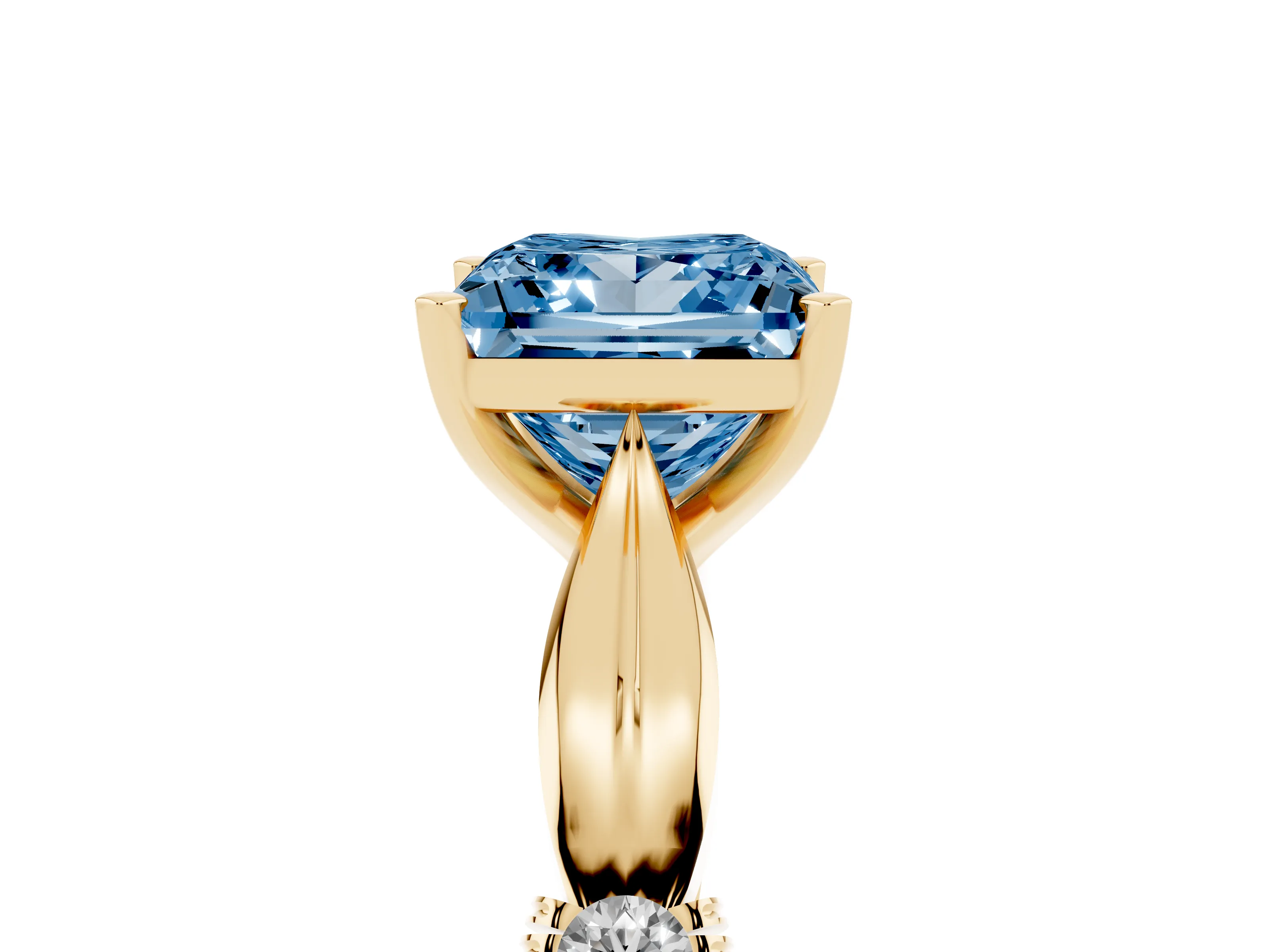 Fancy Blue Princess Cut Diamond Solitaire Twisted Band Ring Set in Yellow gold with Accent Stones and Prong Setting