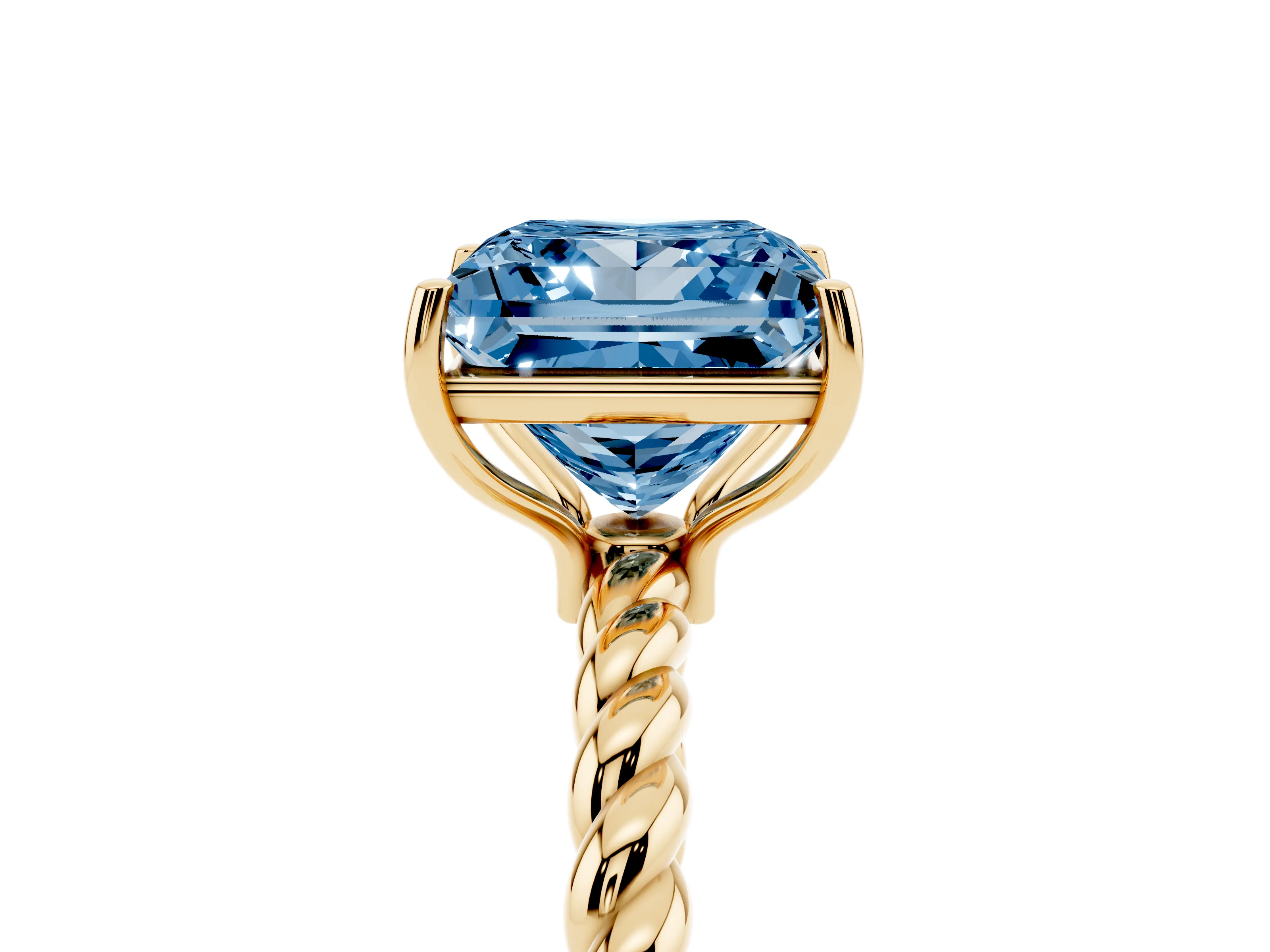 Fancy Blue Princess Cut Diamond Solitaire Ring Set in Yellow gold with Twist Band and Prong Setting