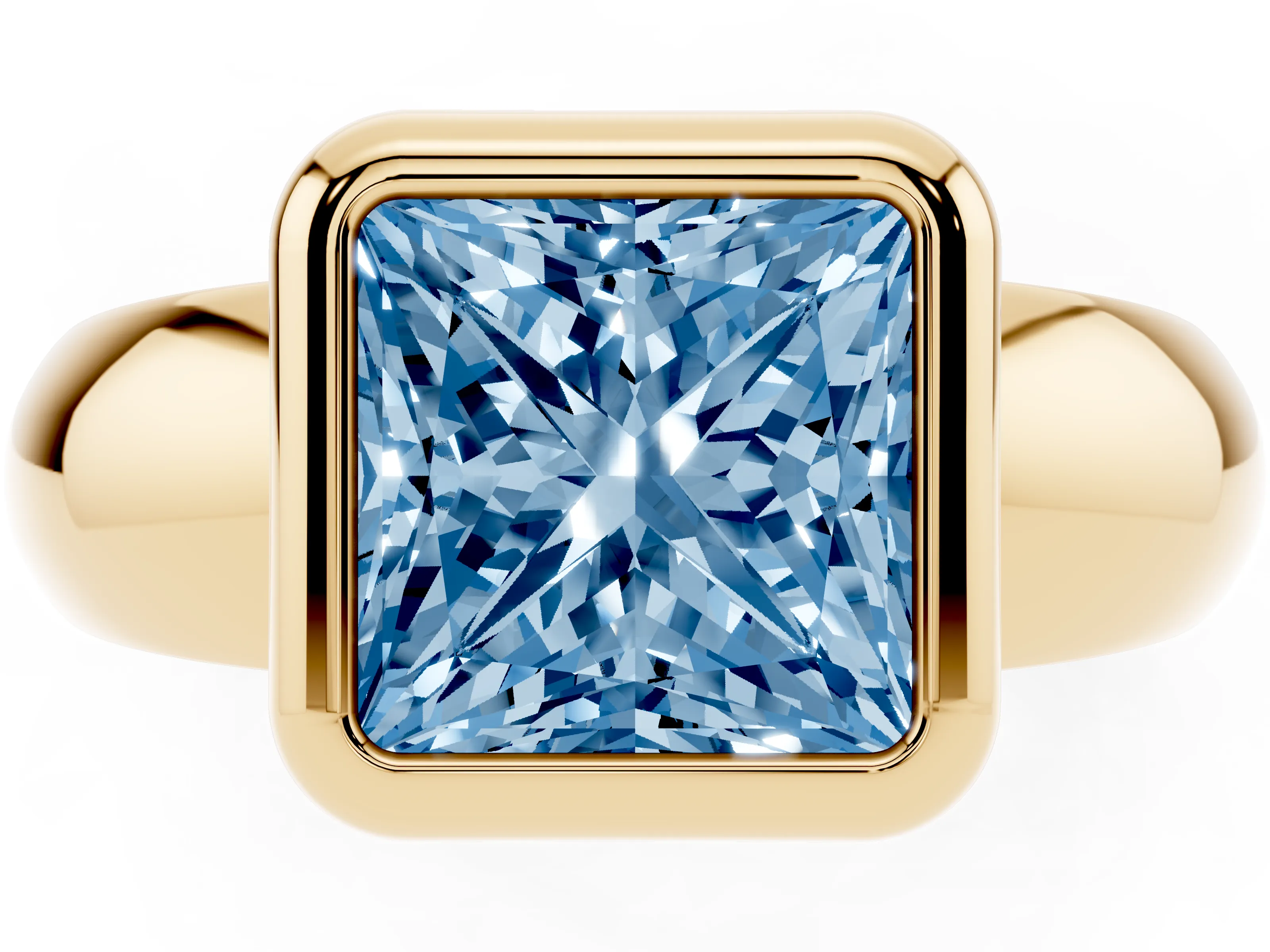 Fancy Blue Bezel Set Princess Cut Diamond Solitaire Ring Set in Yellow gold with Wide Band