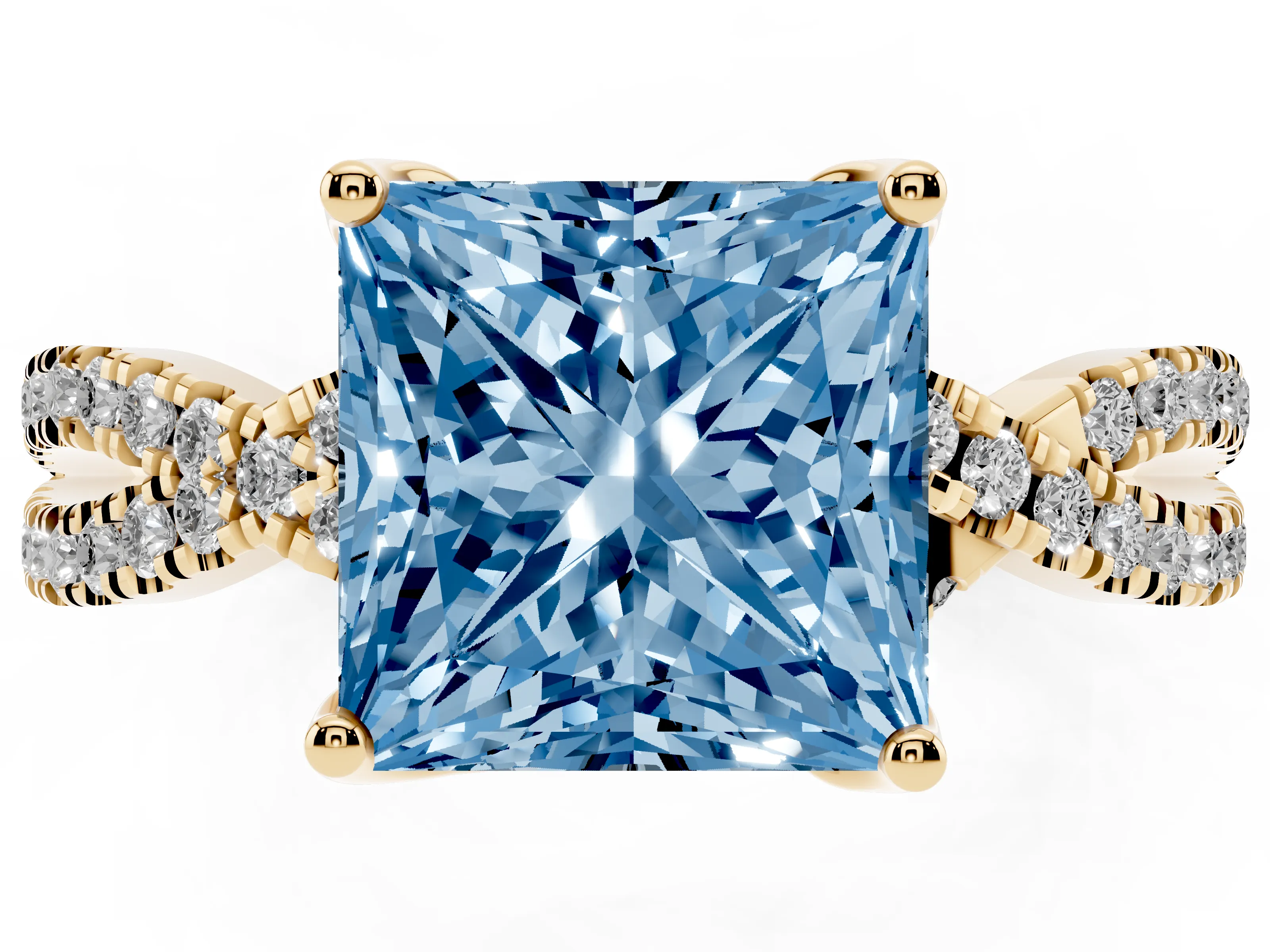 Fancy Blue Princess Cut Diamond Twist Pavé Solitaire Engagement Ring Set in Yellow gold with Prong Setting